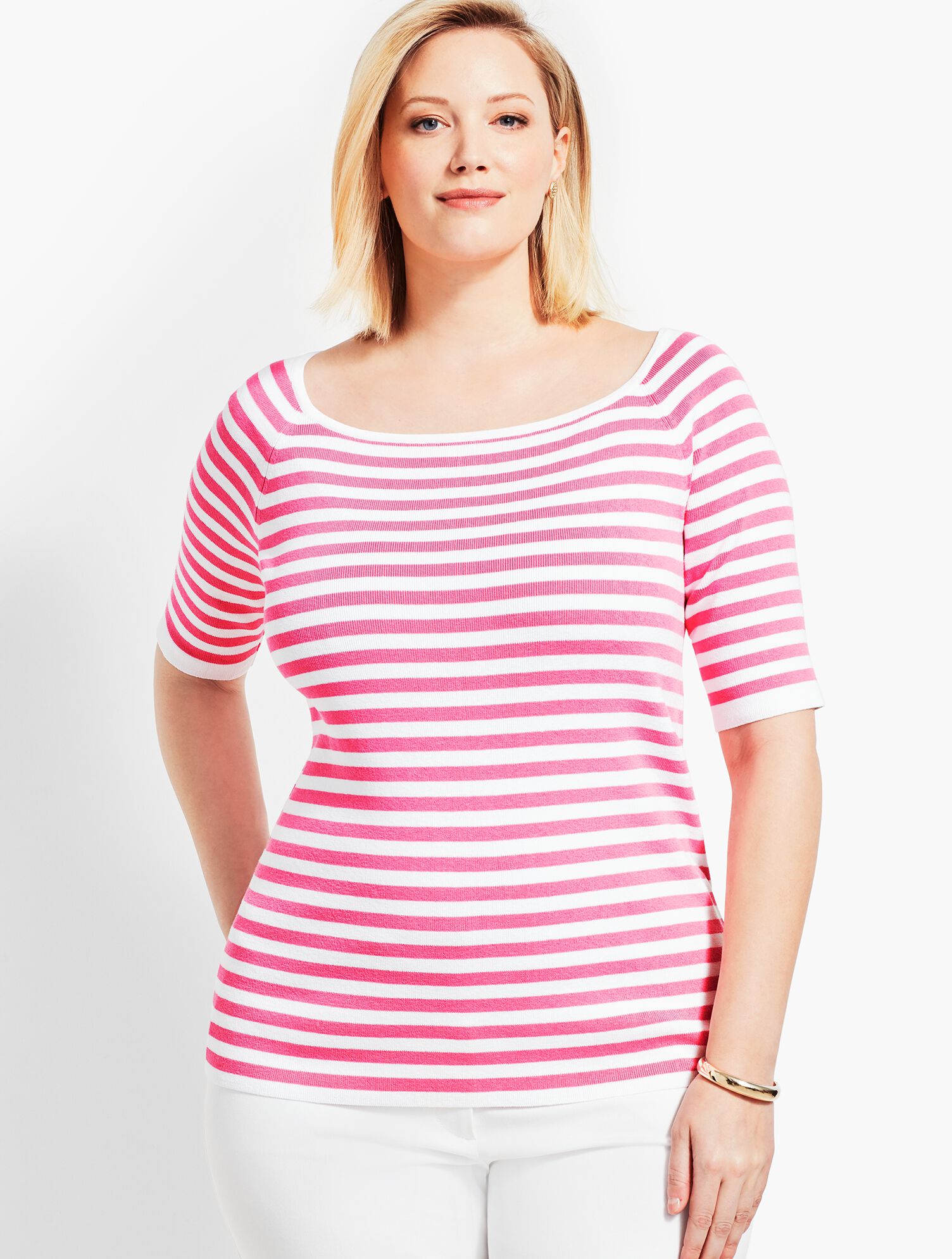 Resort Stripe Square-Neck Elbow-Sleeve Sweater Topper