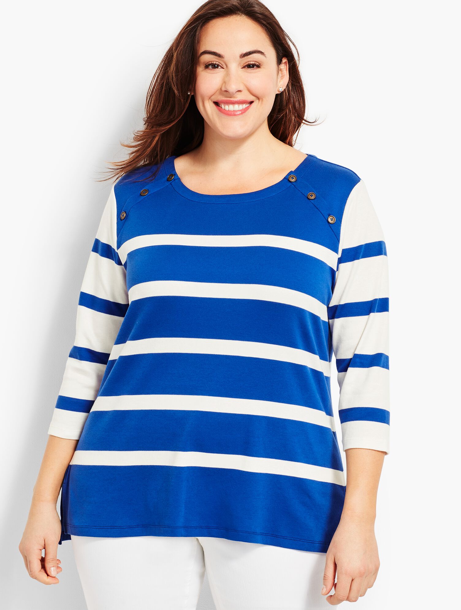 Stripe Button-Shoulder Crewneck Top