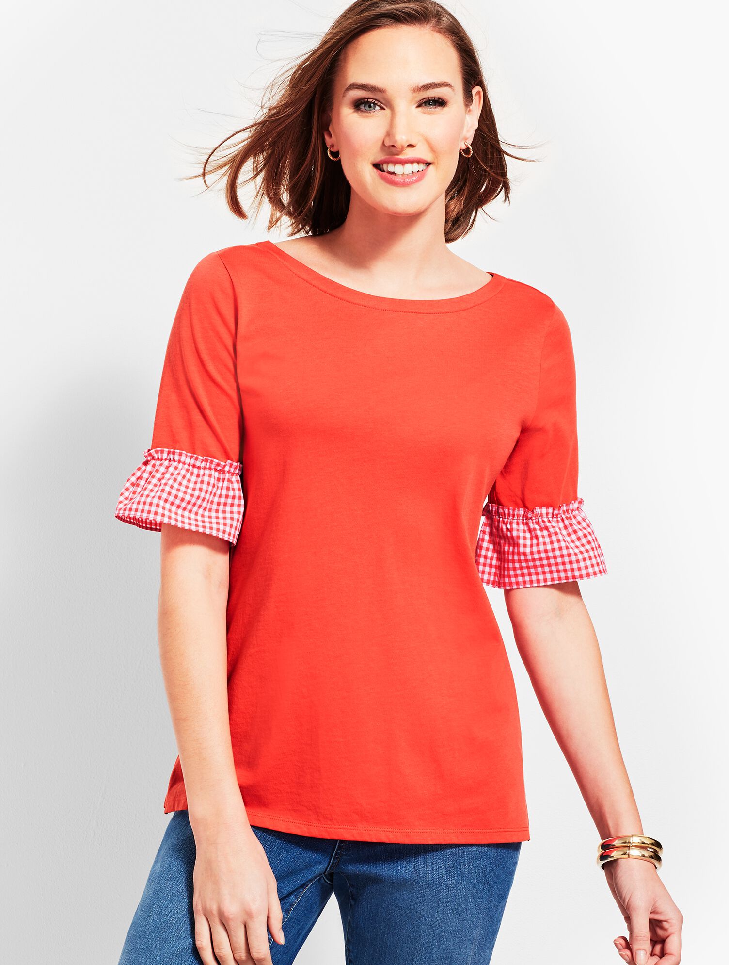 Gingham-Sleeve Top