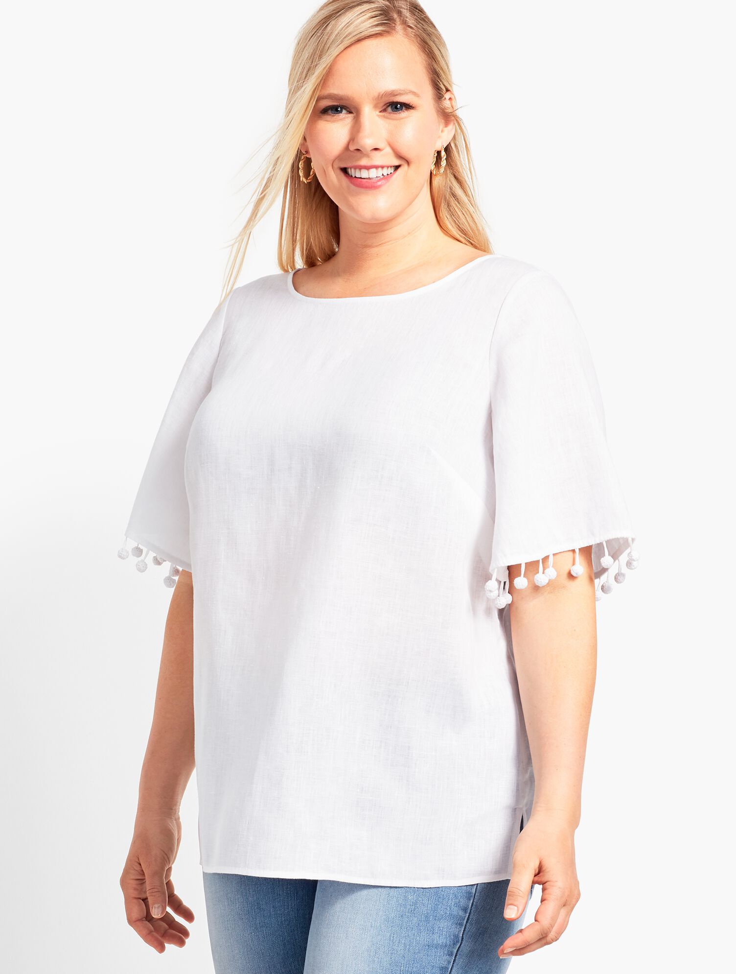 Linen Pom-Pom-Sleeve Top