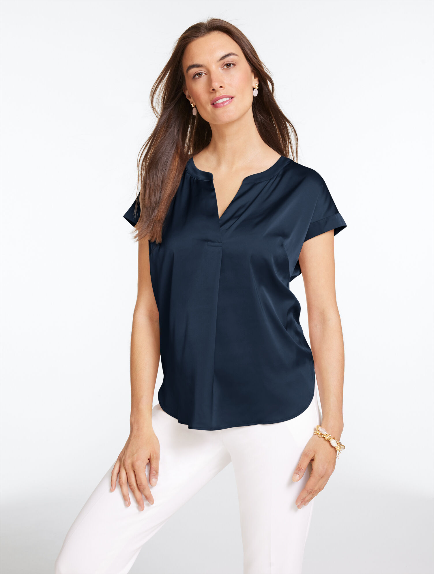 Soft Satin Charmeuse Split Neck Top