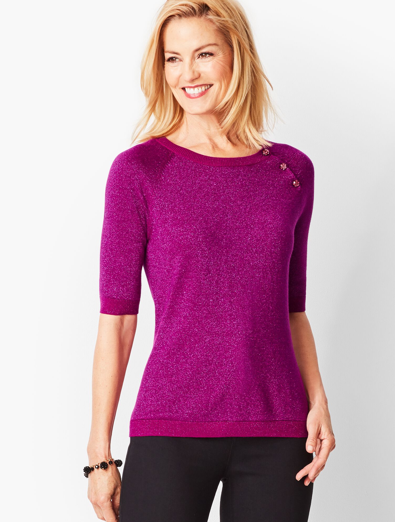 Button-Shoulder Shimmer Top