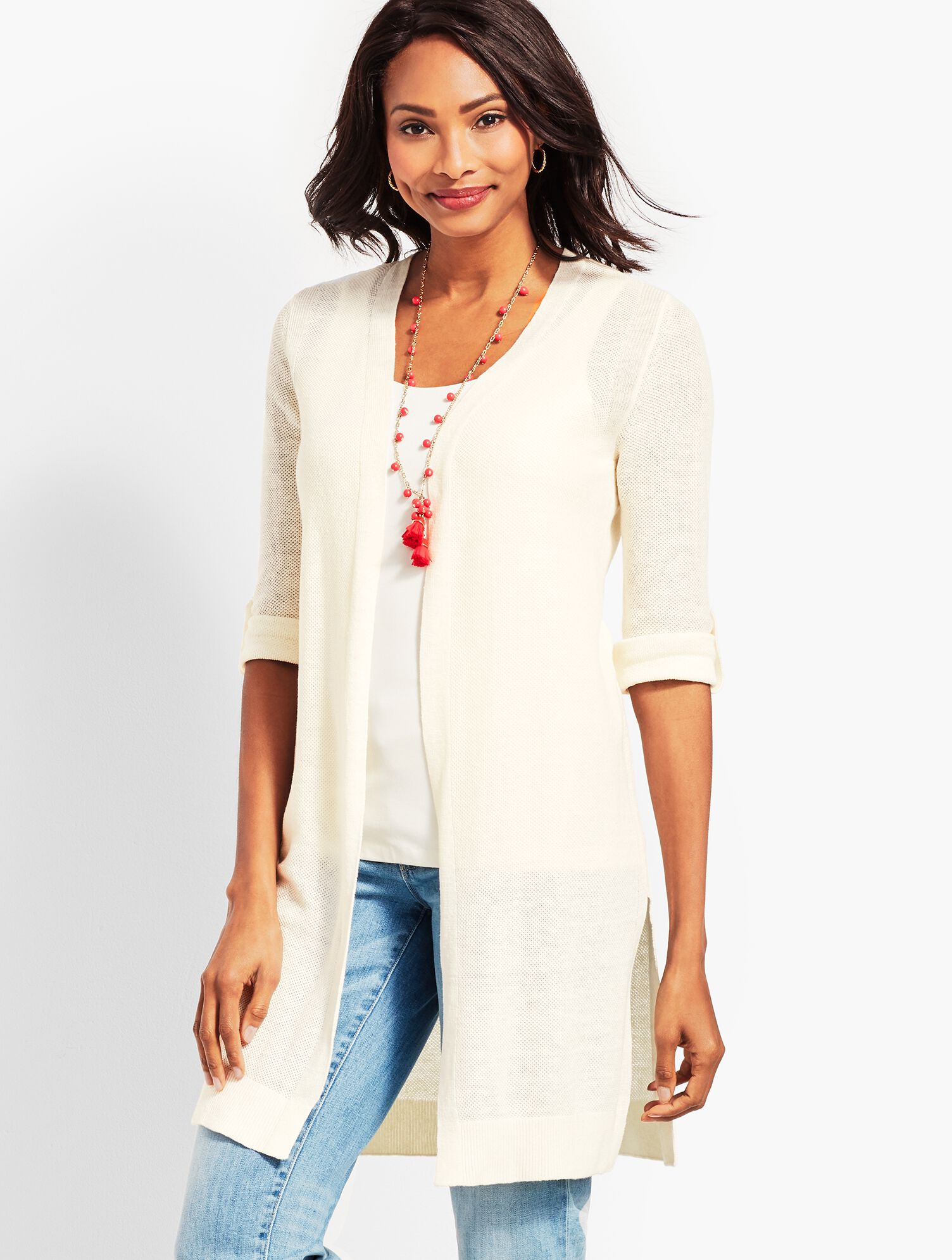 Textured Linen Roll-Tab Long Duster