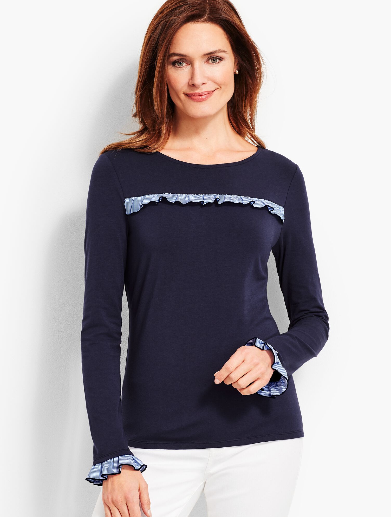 Ruffle-Yoke Crewneck Top