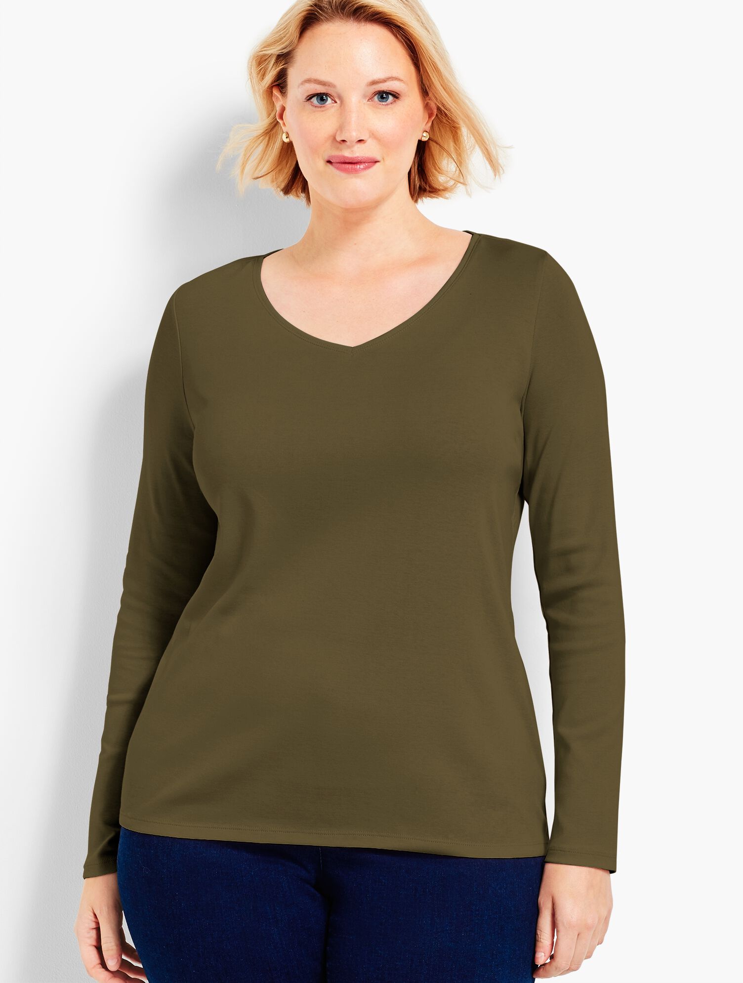 Pima Cotton Long-Sleeve V-Neck Tee