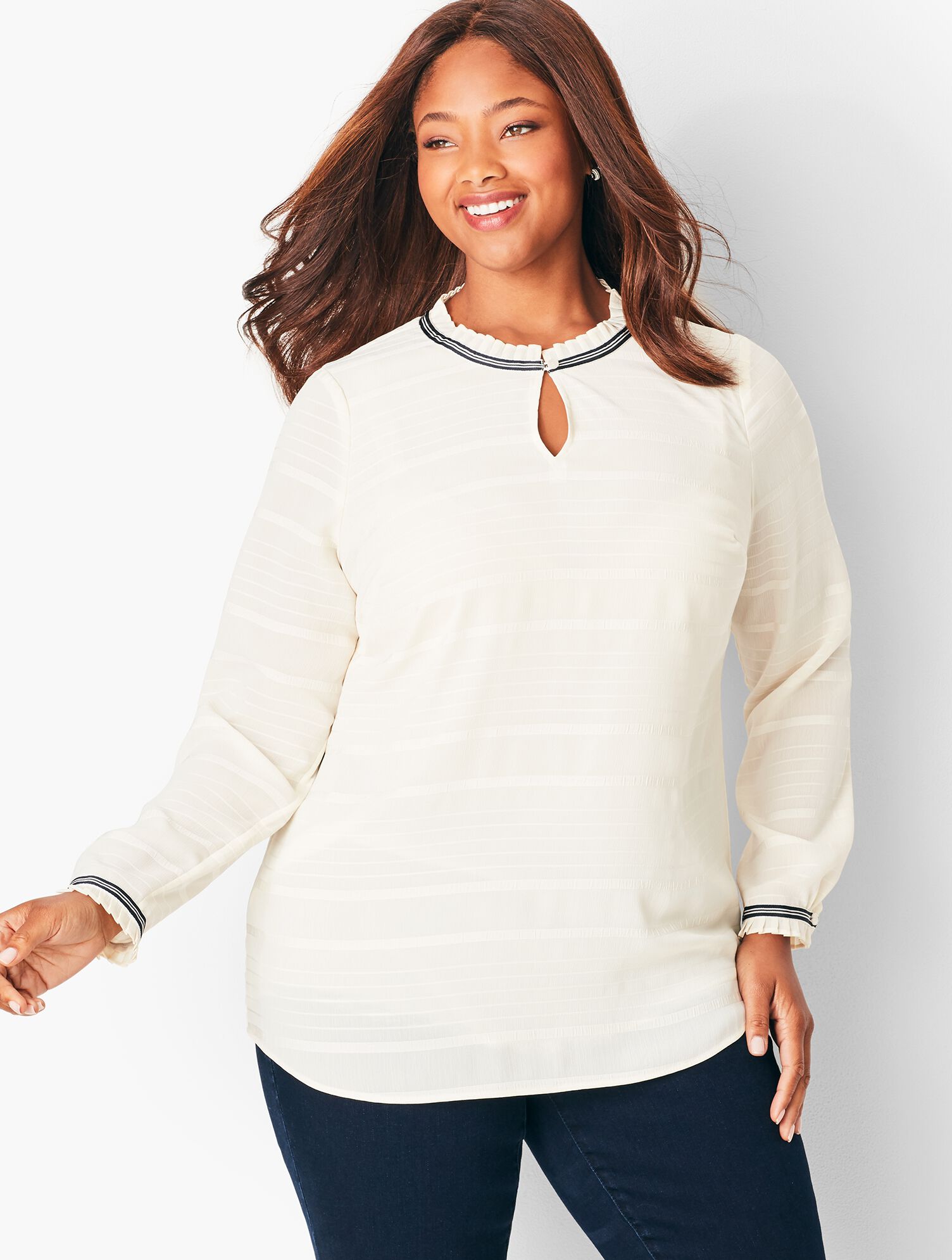 Grosgrain-Trim Crinkle Blouse