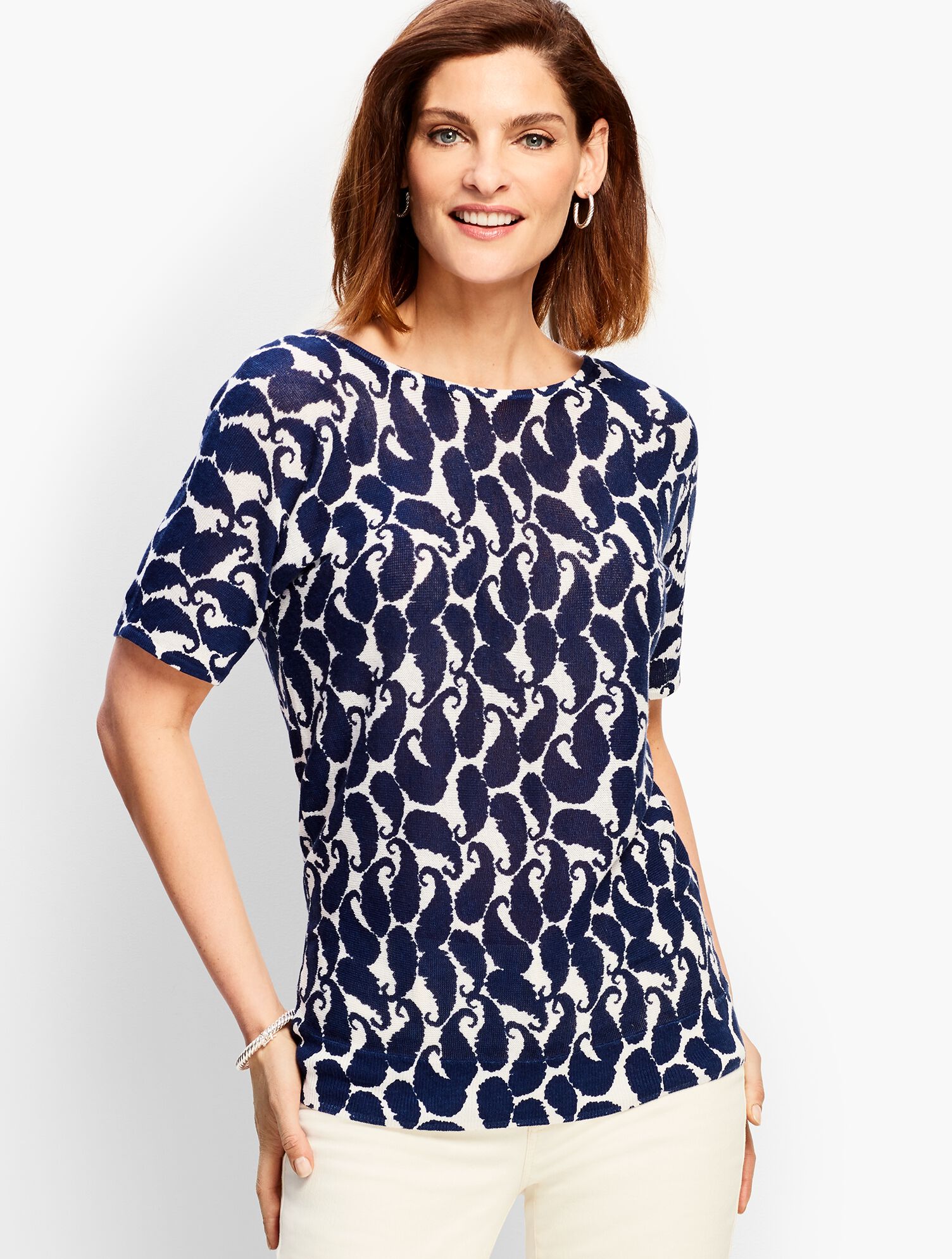 Shadow Paisley Dolman-Sleeve V-Back Sweater