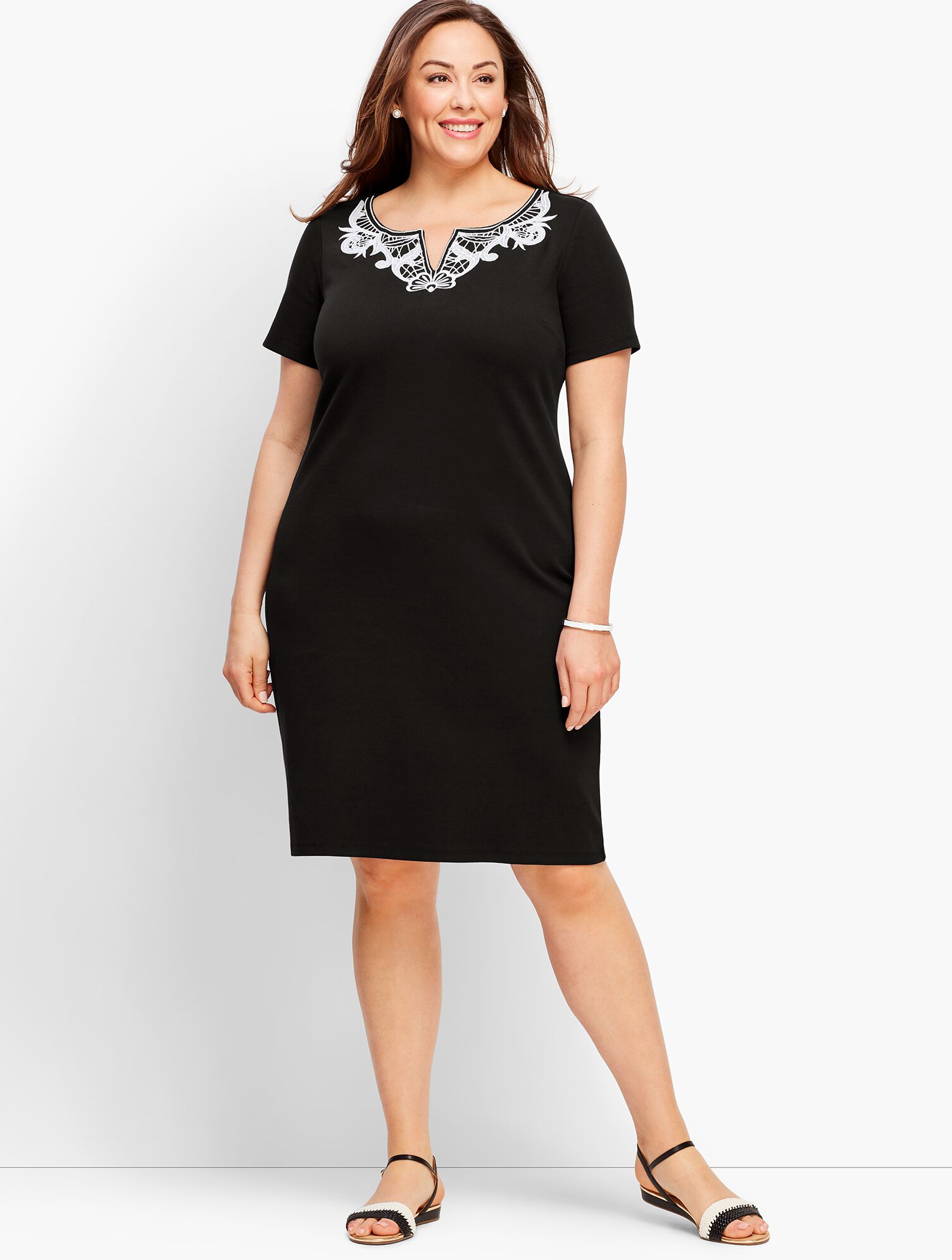 French Interlock Embroidered Shift Dress
