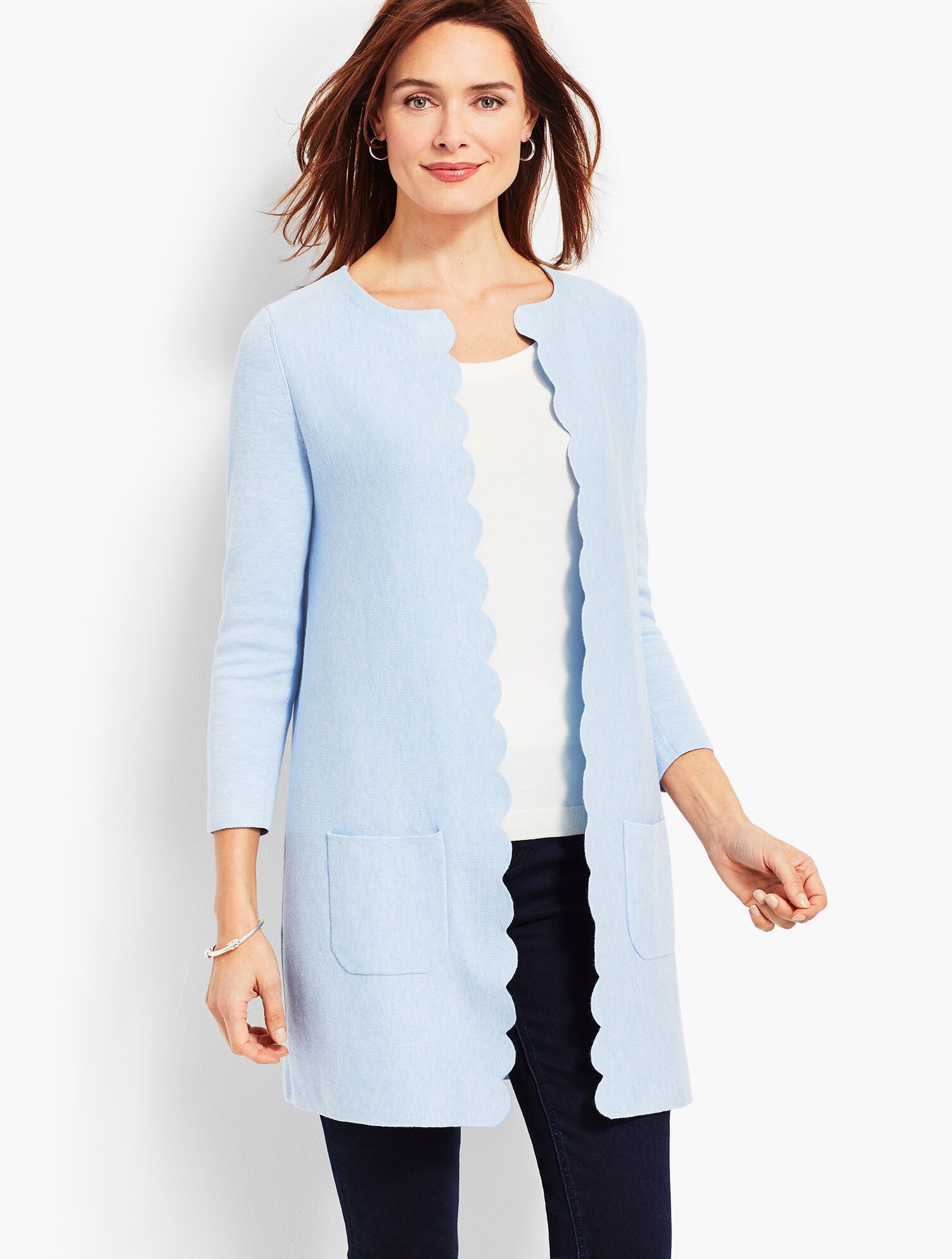 Scallop-Edge Open Front Cardigan