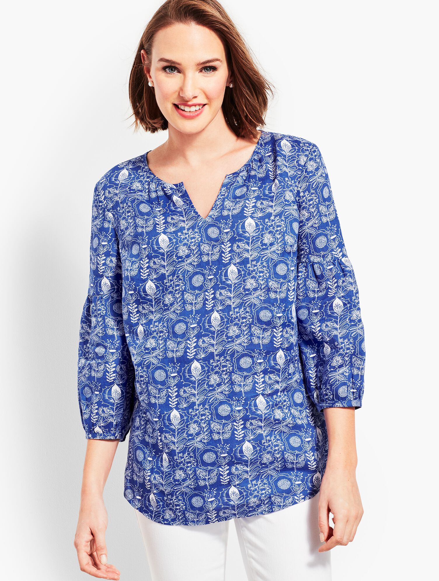 Linen Lantern-Sleeve Popover Shirt - Floral