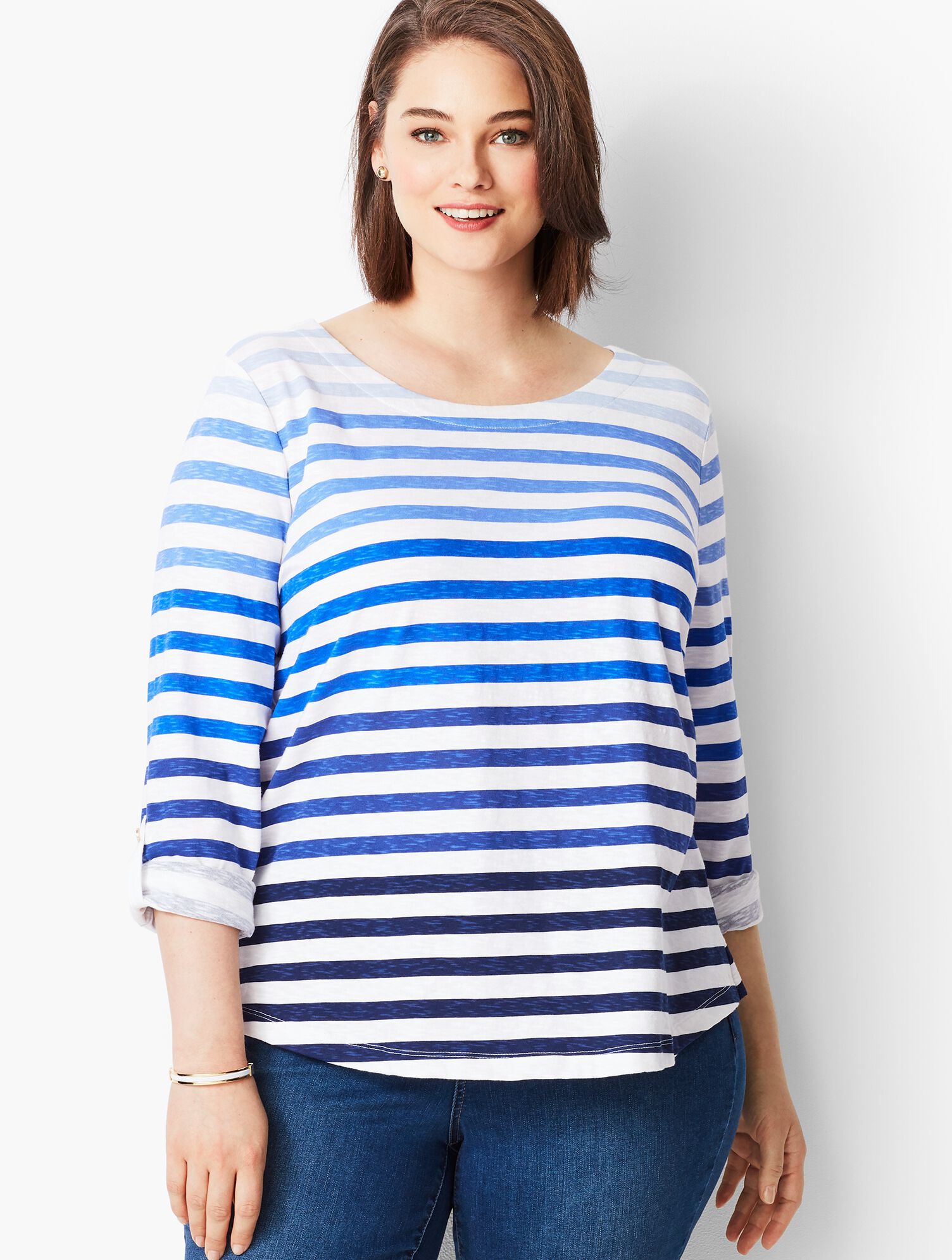Cotton Roll-Cuff Top - Ombr&eacute; Stripe