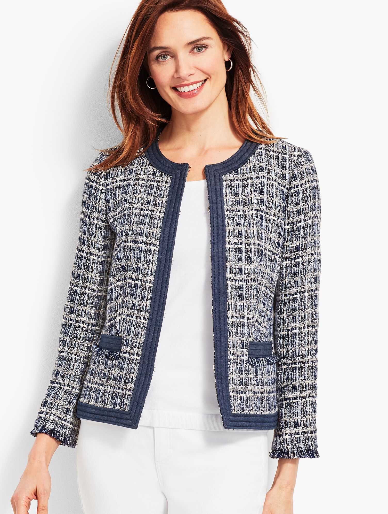 Chambray-Trim Tweed Jacket