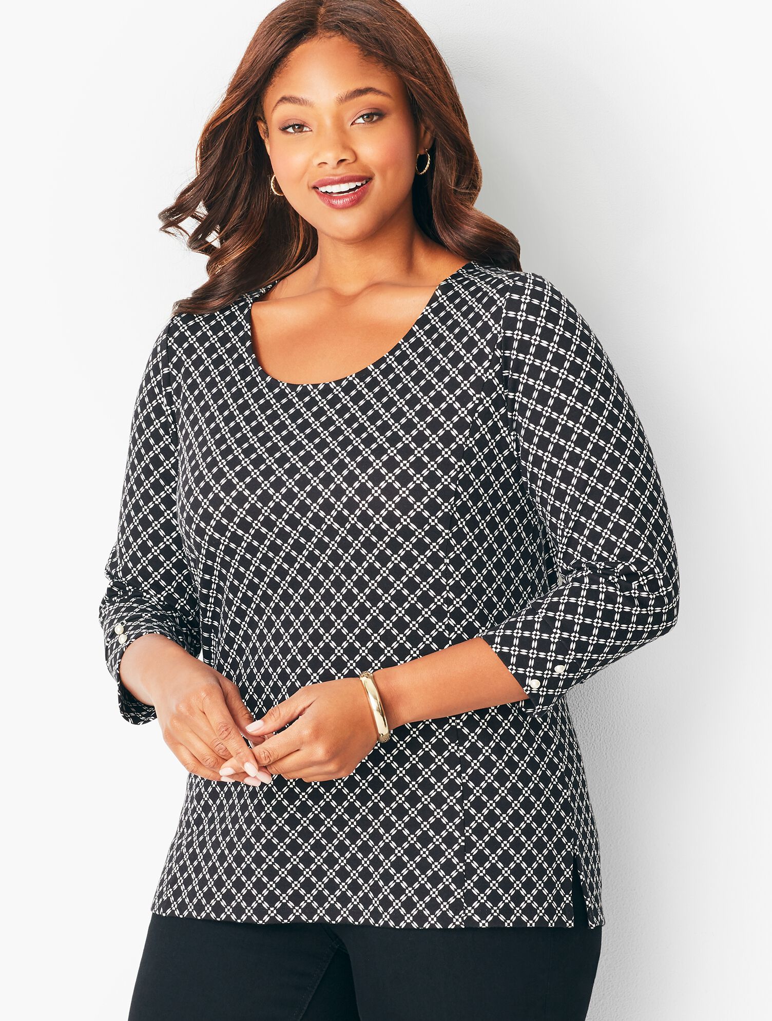 Plus Size Pearl-Cuff Geo-Print Tunic Top
