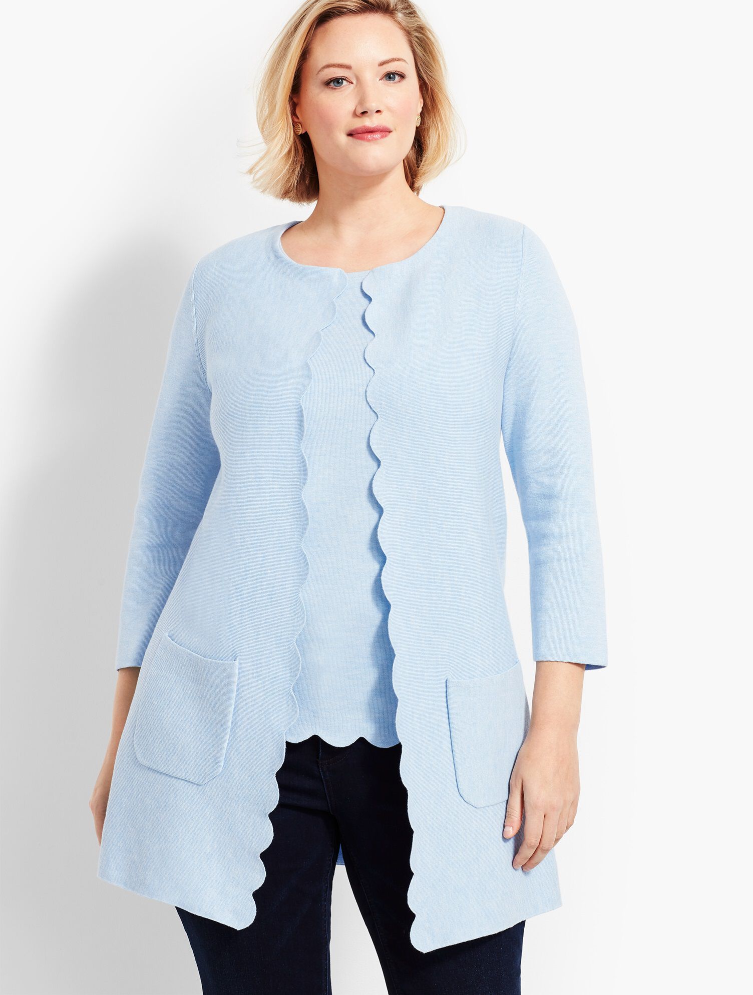 Scallop-Edge Open Front Cardigan