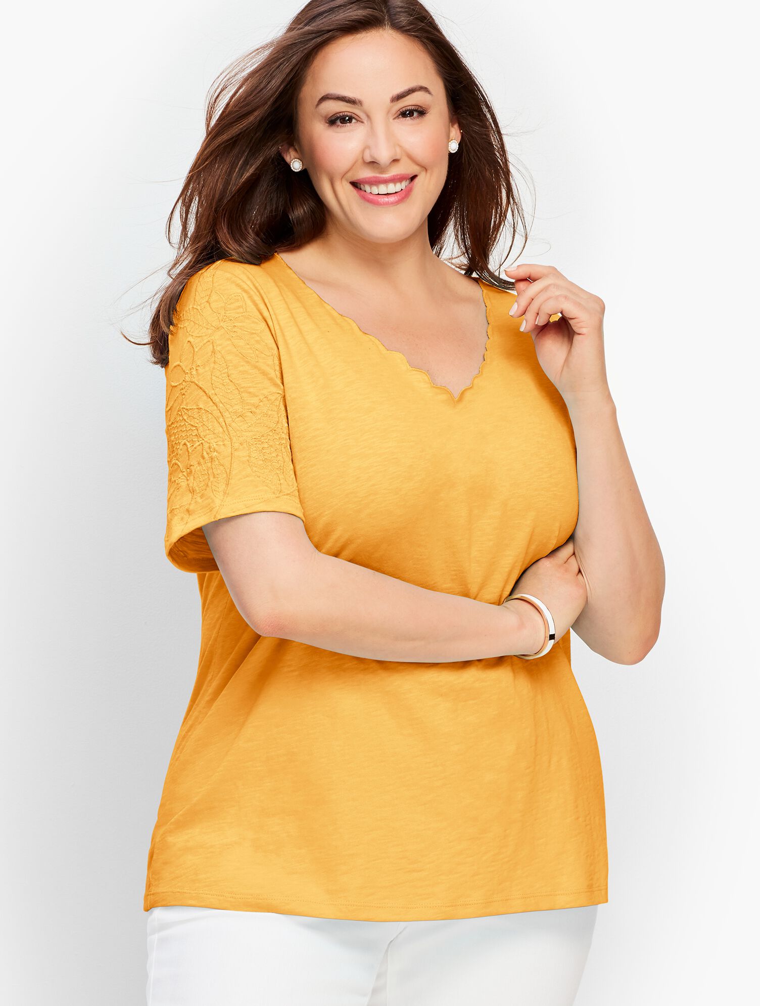 Scalloped V-Neck Embroidered-Sleeve Tee
