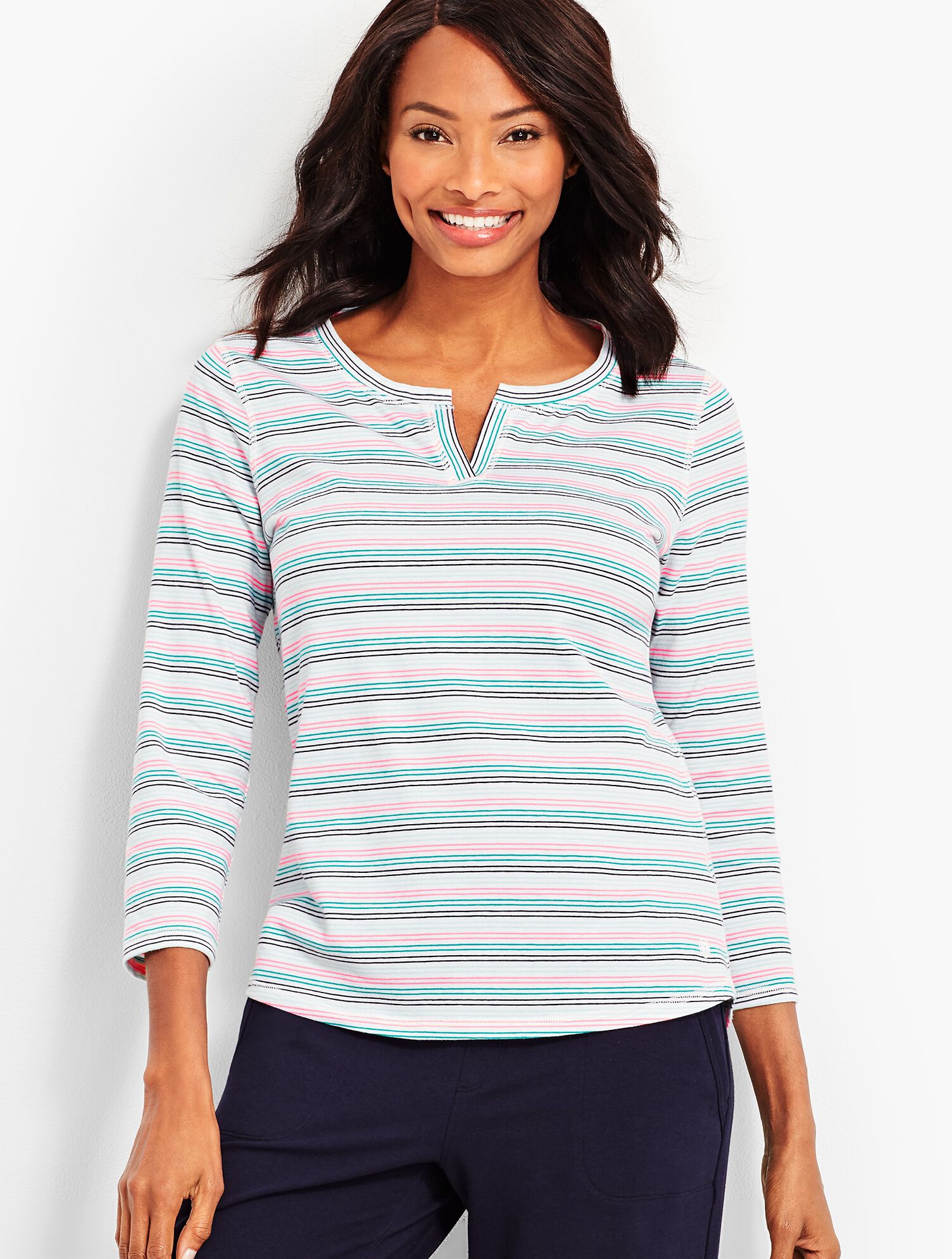 Stripe Notch-Neckline Tee