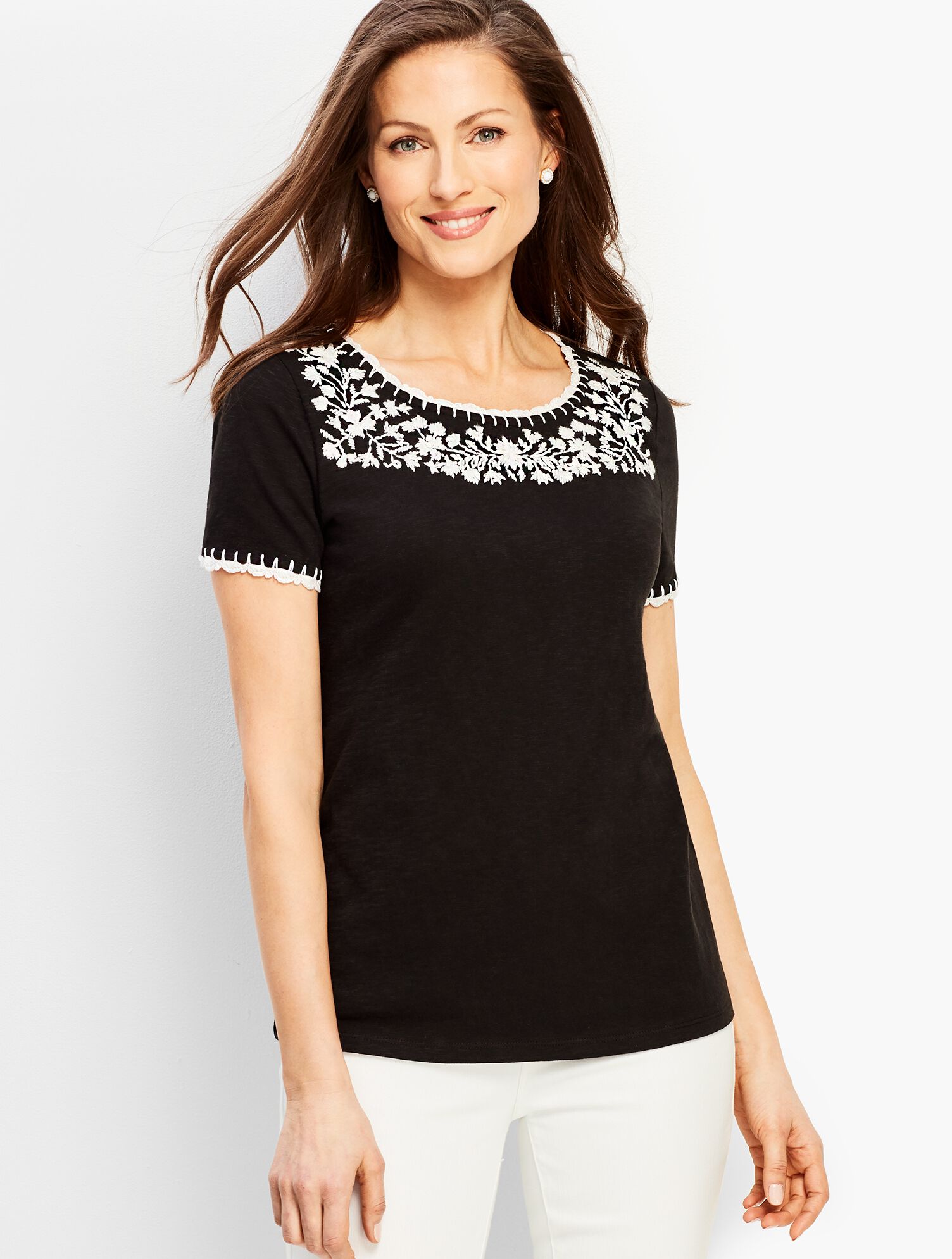 Embroidered-Yoke Crochet Trim Tee