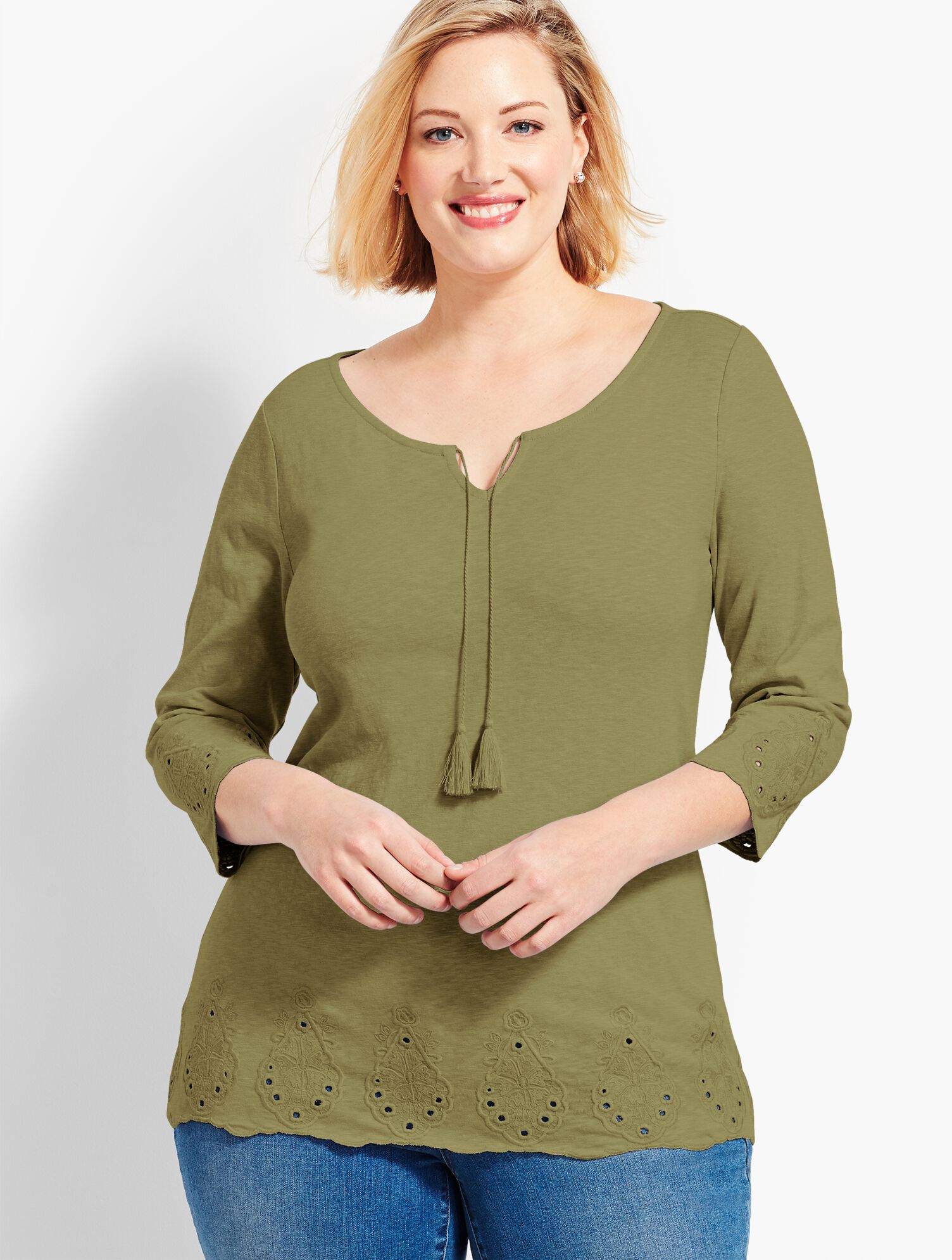 Scallop-Lace Split-Neck Top