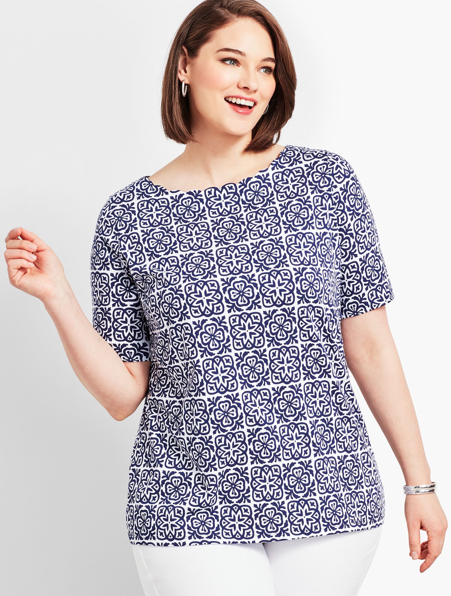 Scallop-Neck Elbow-Sleeve Tee-Tile Print
