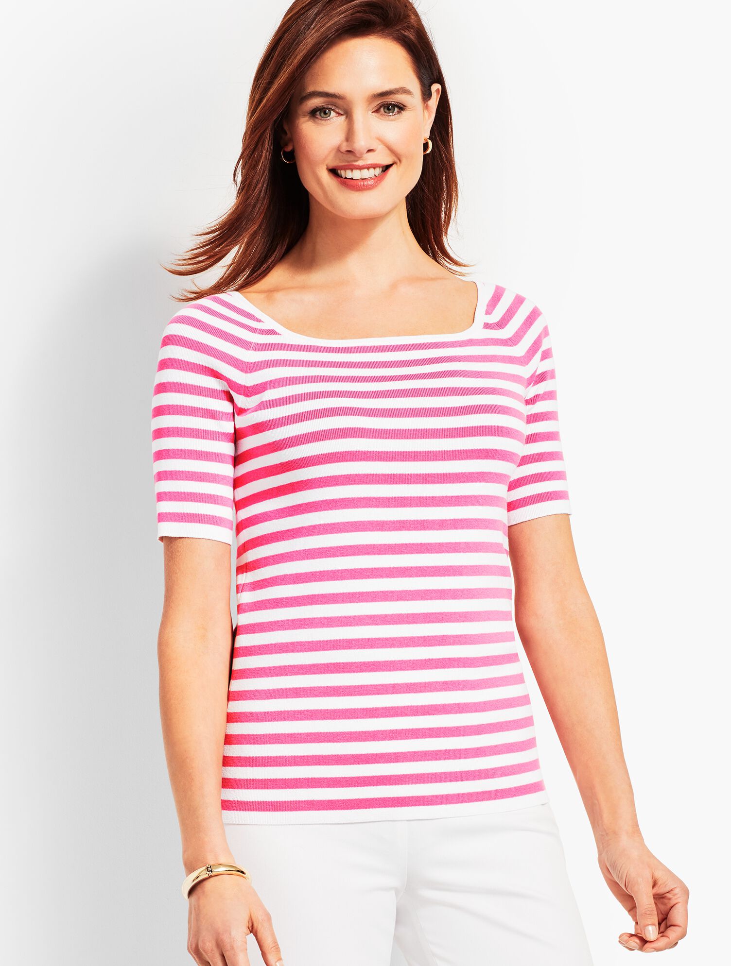 Resort Stripe Square-Neck Elbow-Sleeve Sweater Topper