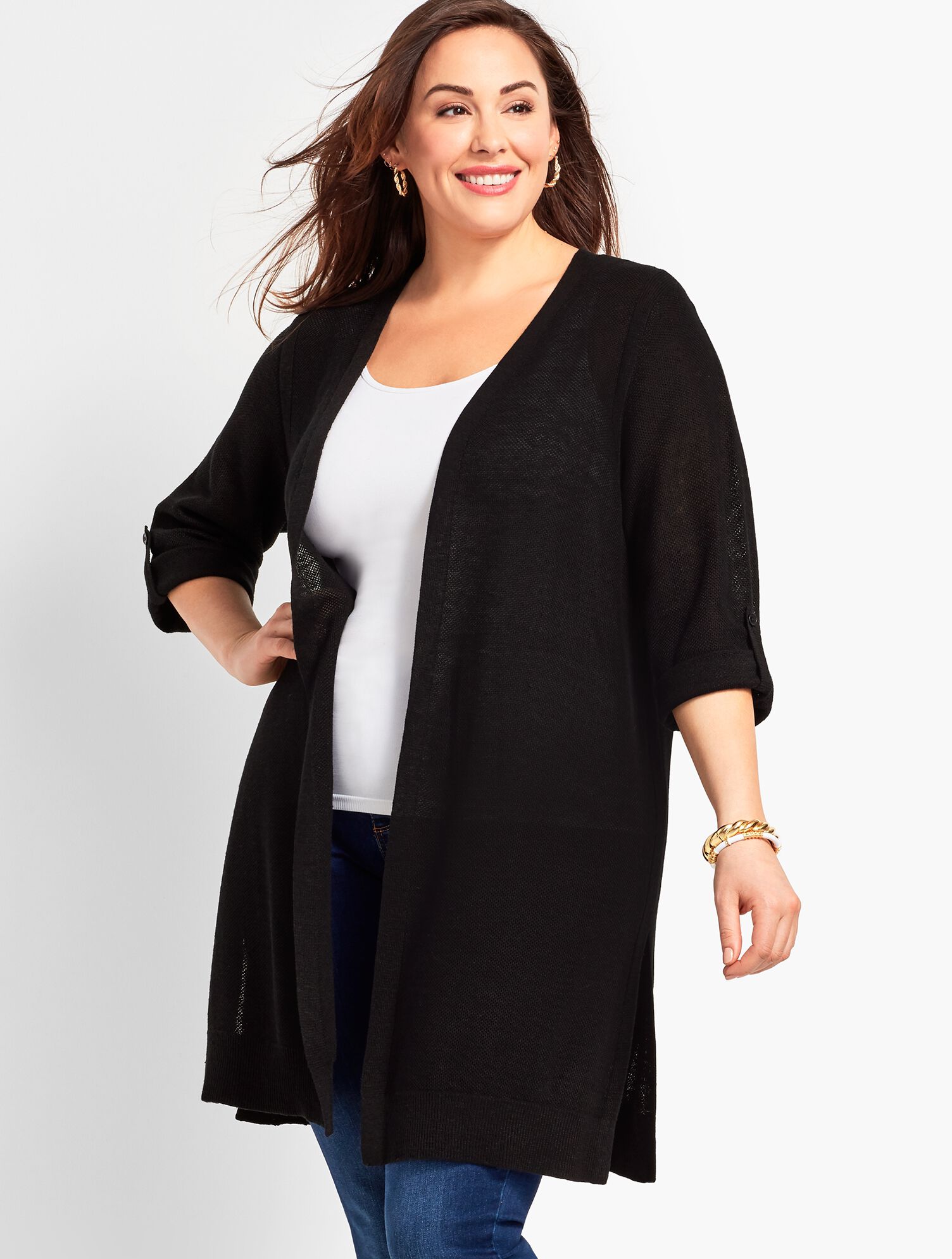 Textured Linen Roll-Tab Long Duster