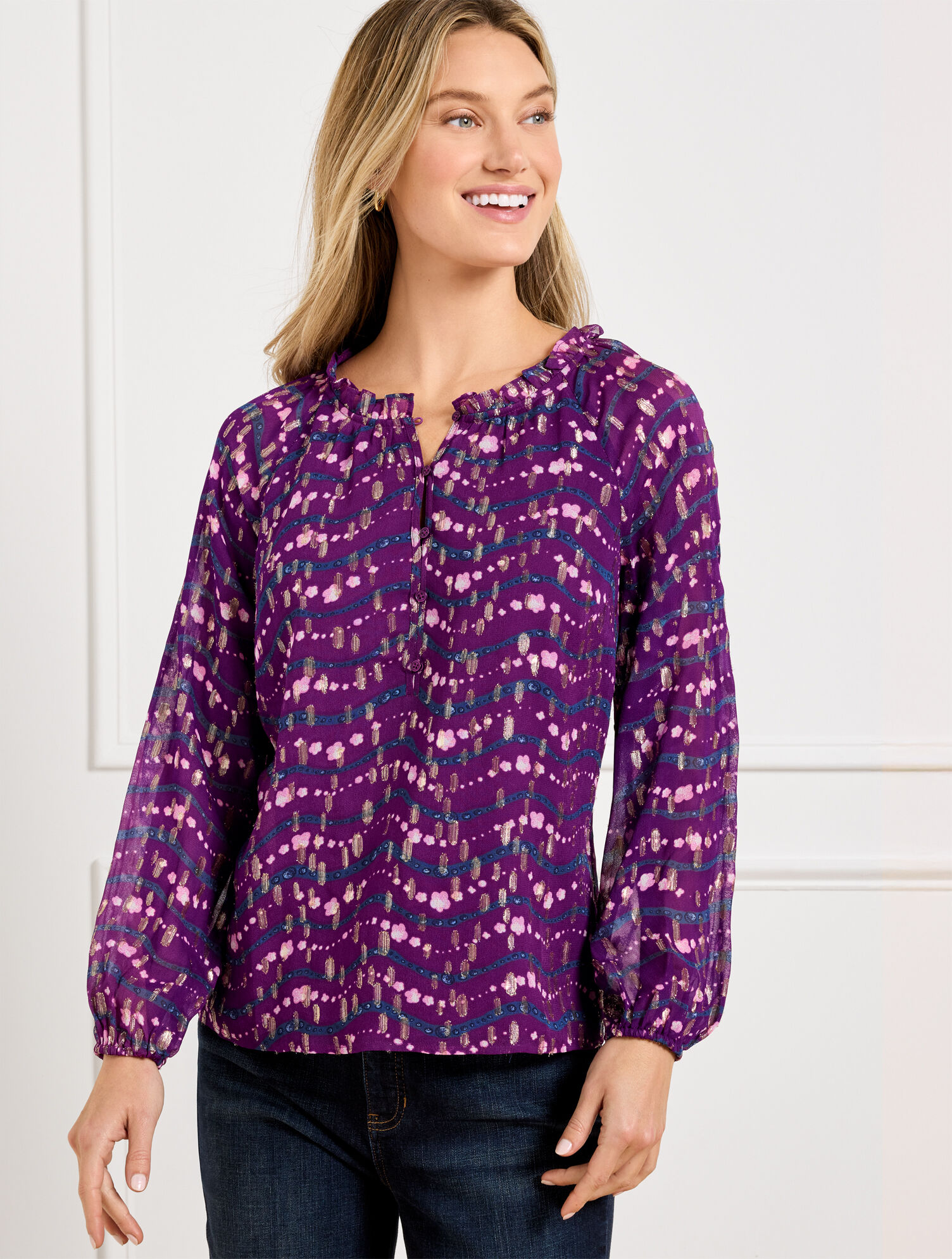 Ruffle Neck Top - Wavy Floral
