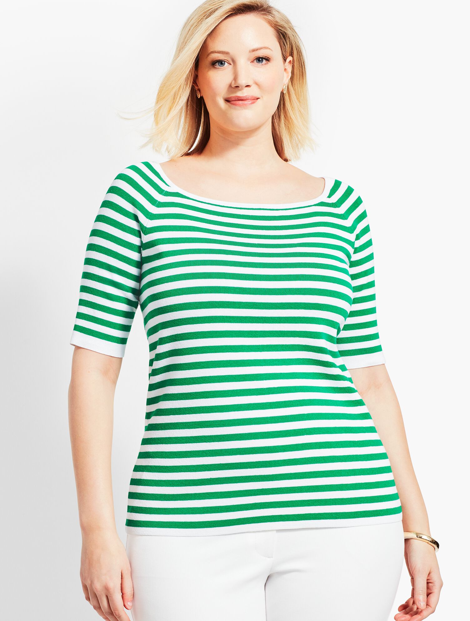 Resort Stripe Square-Neck Elbow-Sleeve Sweater Topper