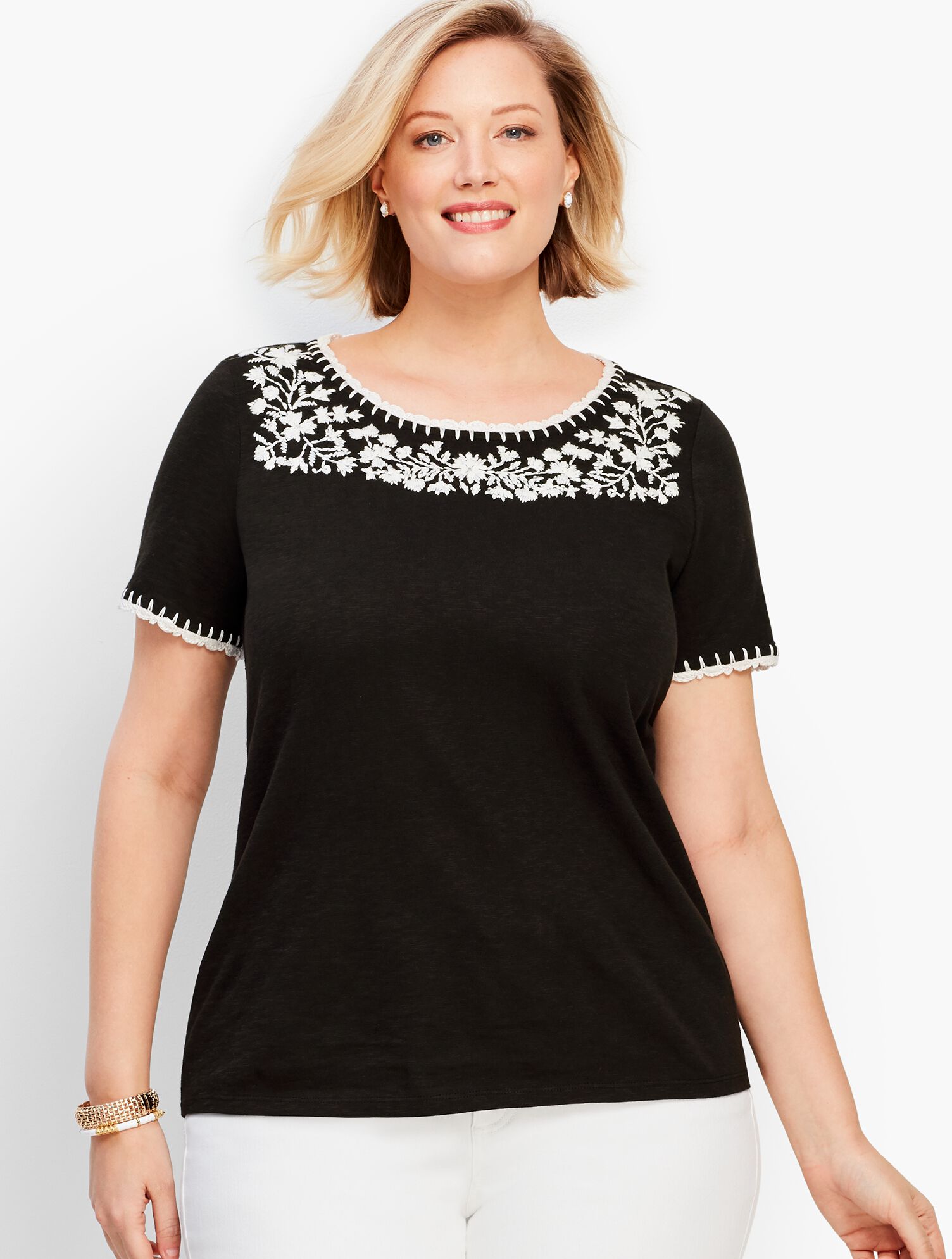 Embroidered-Yoke Crochet Trim Tee