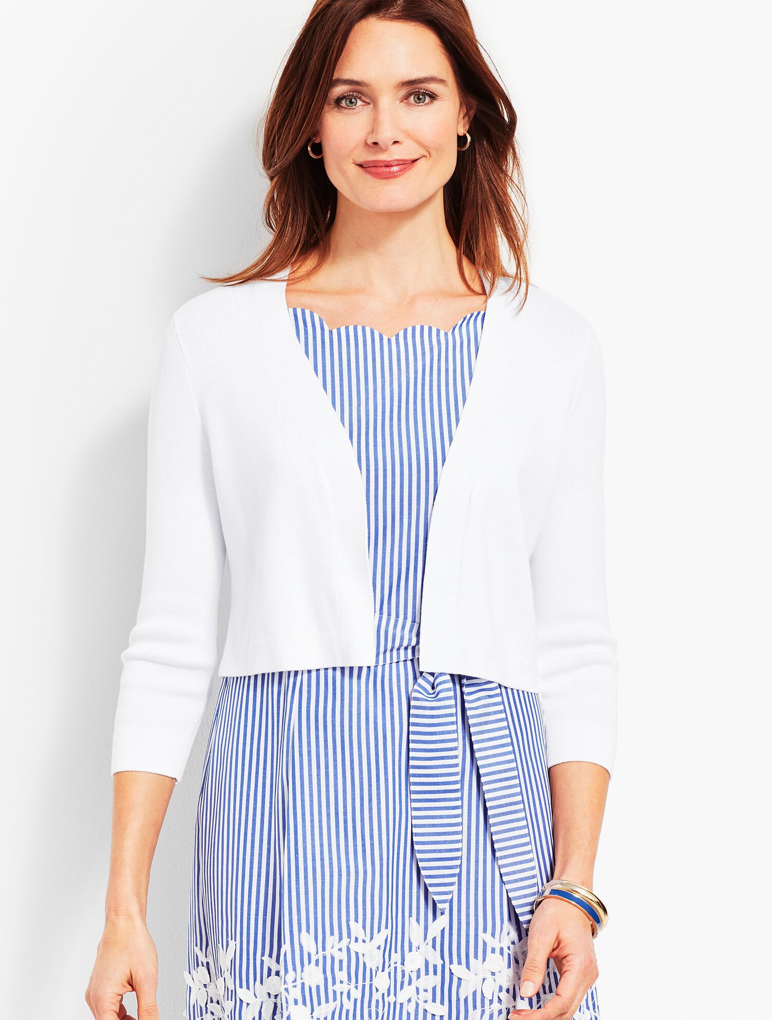 Three-Quarter-Sleeve Back Peplum Knit Shrug - Talbots White