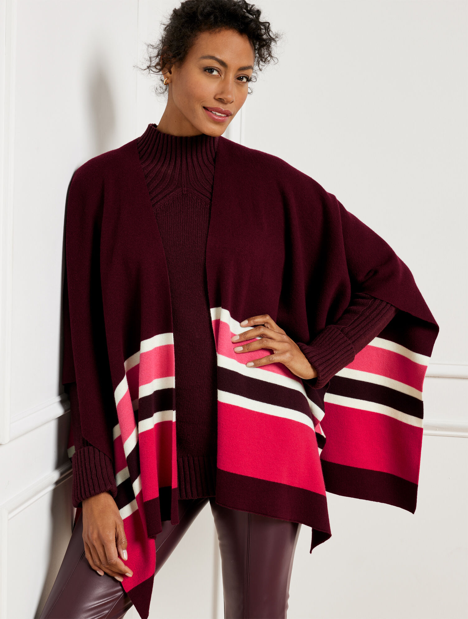 Plus Exclusive Colorblock Knit Ruana - Rich Burgundy Multi