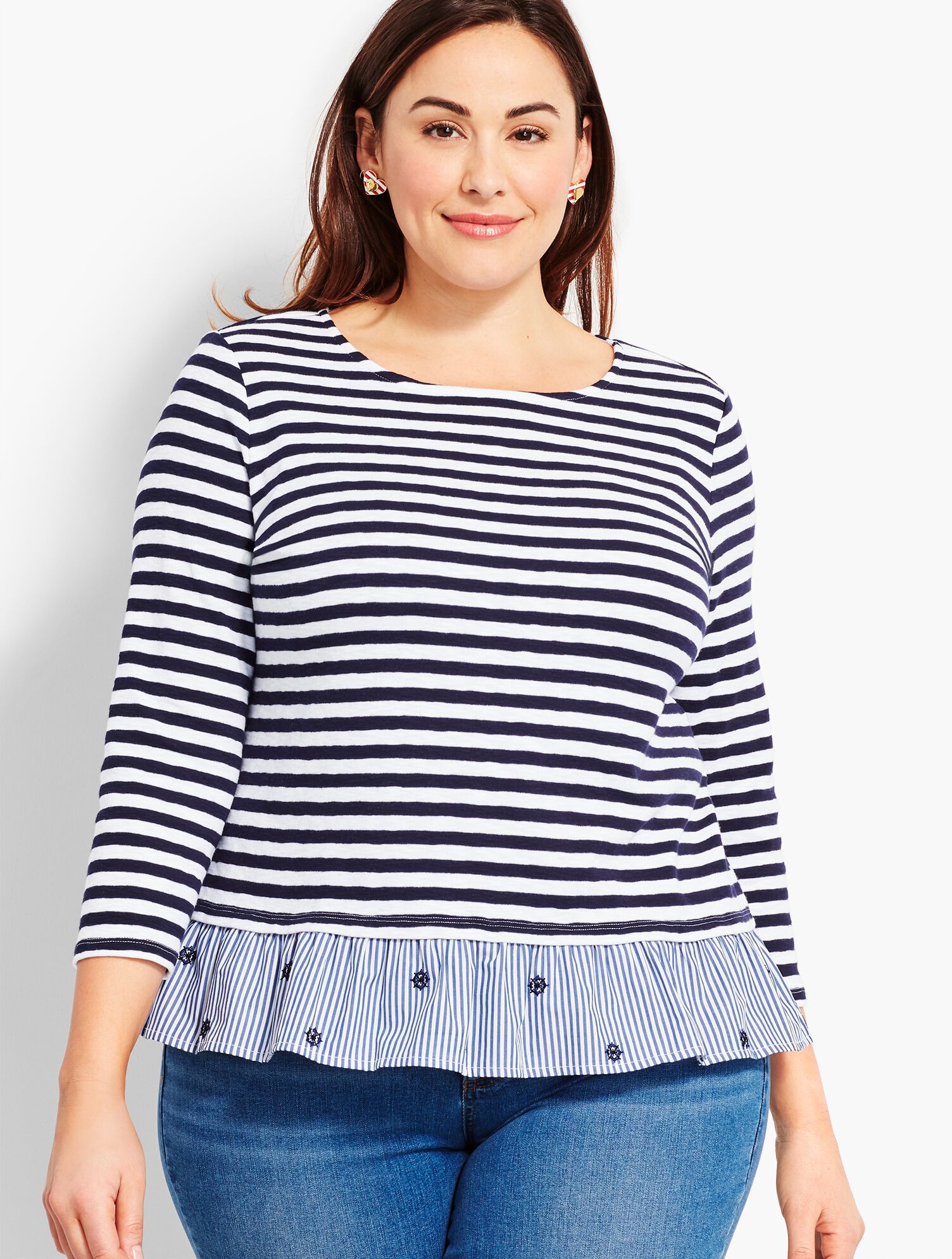 Flounce-Hem Stripe Top Crewneck