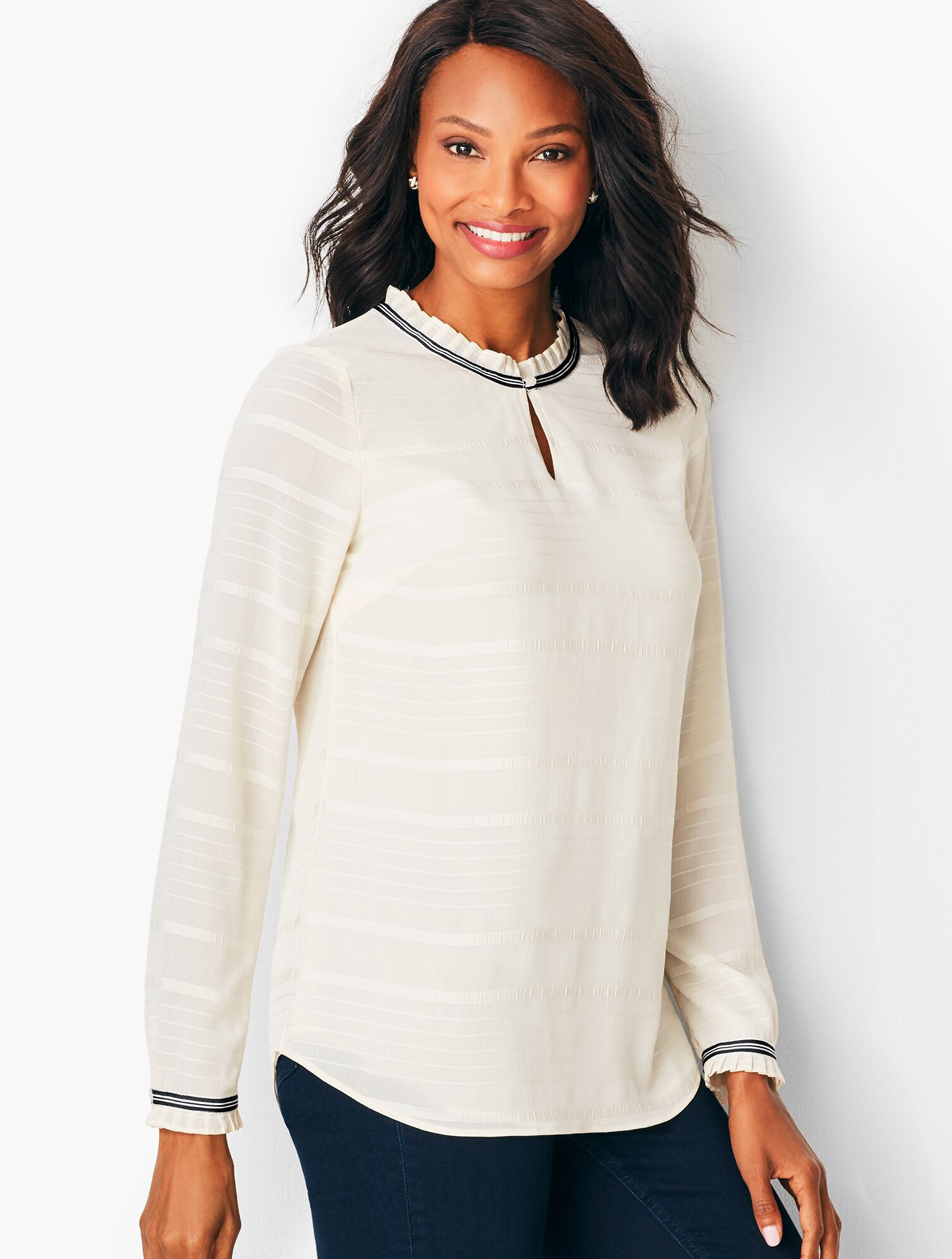 Grosgrain-Trim Crinkle Blouse