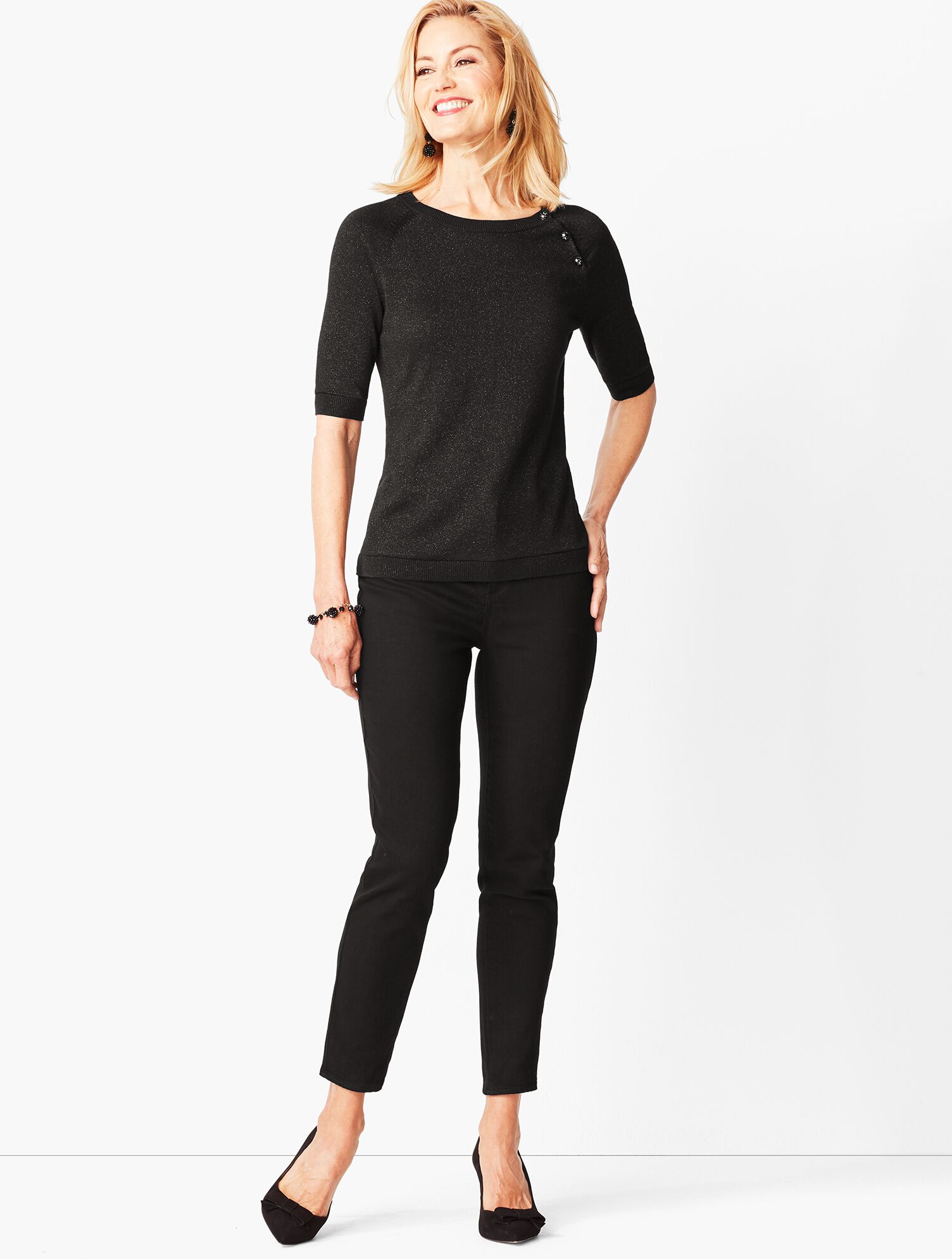Button-Shoulder Shimmer Top
