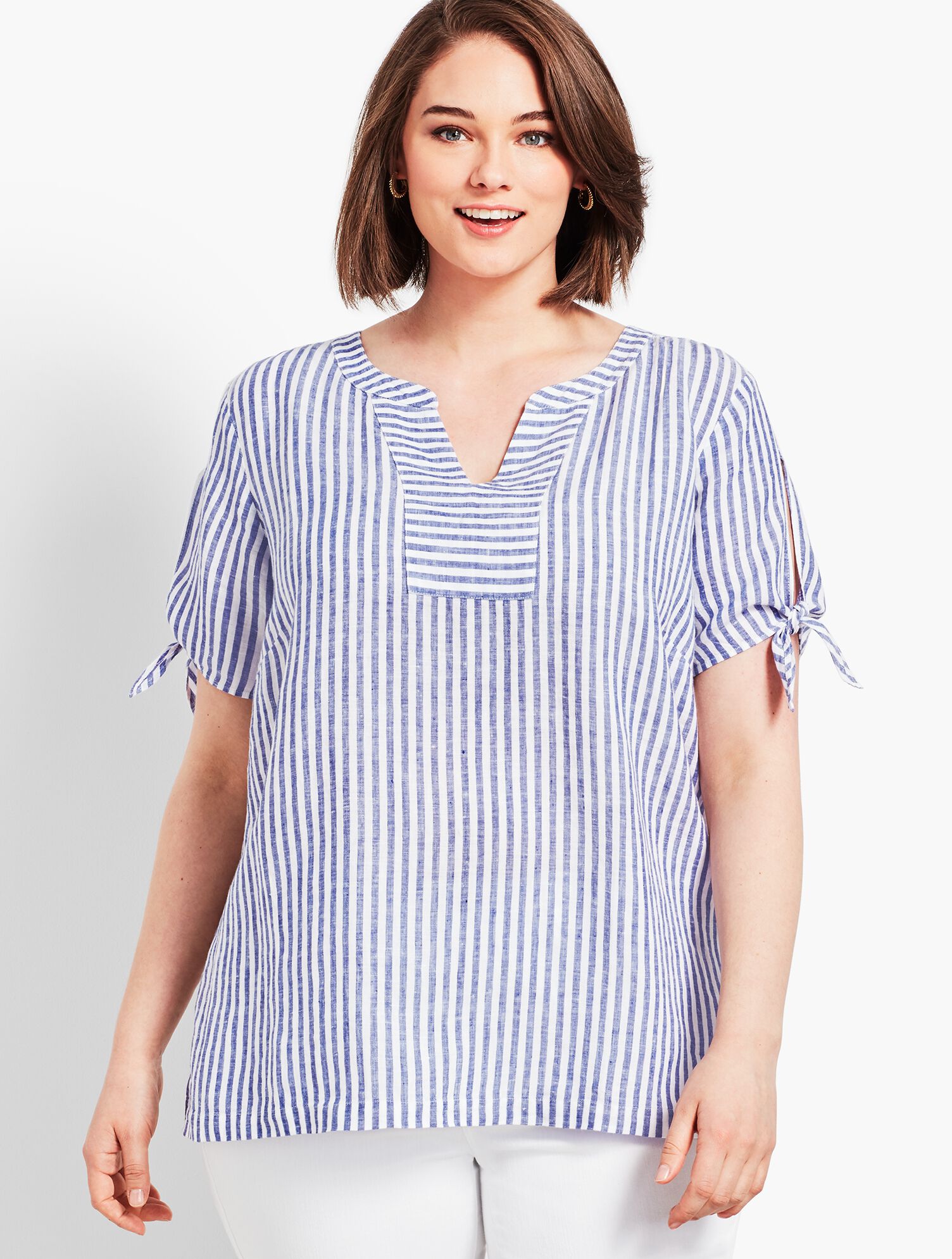 Stripe Linen Tie-Sleeve Shirt