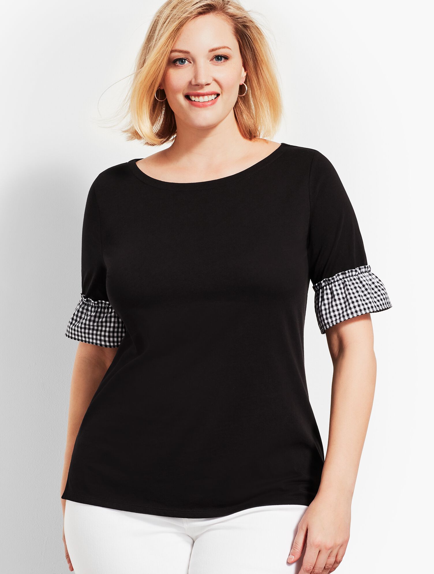 Gingham-Sleeve Top