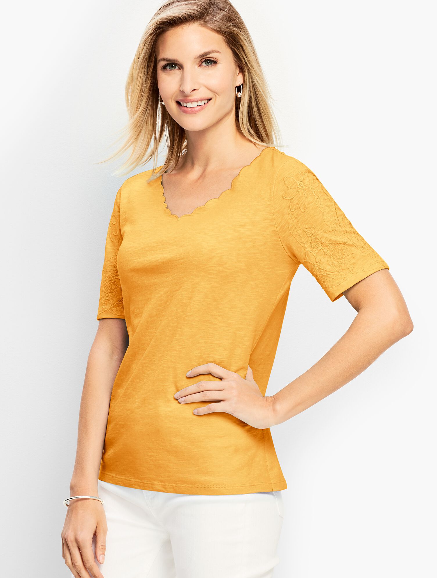 Scalloped V-Neck Embroidered-Sleeve Tee