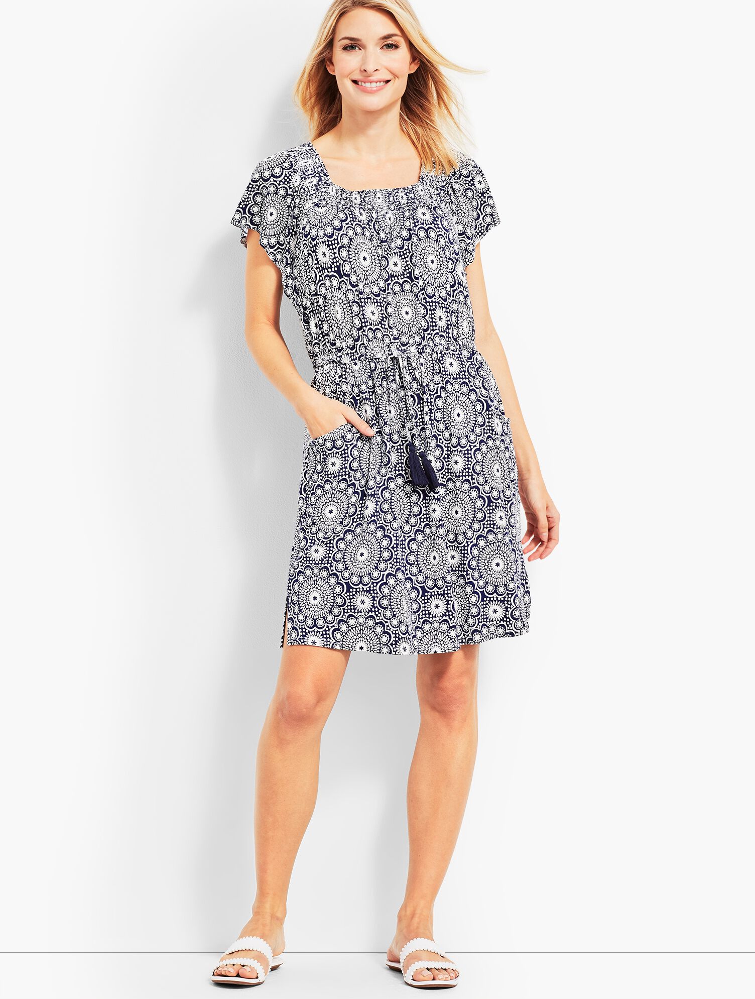 Dot Tile Smocked-Neck Cover-Up