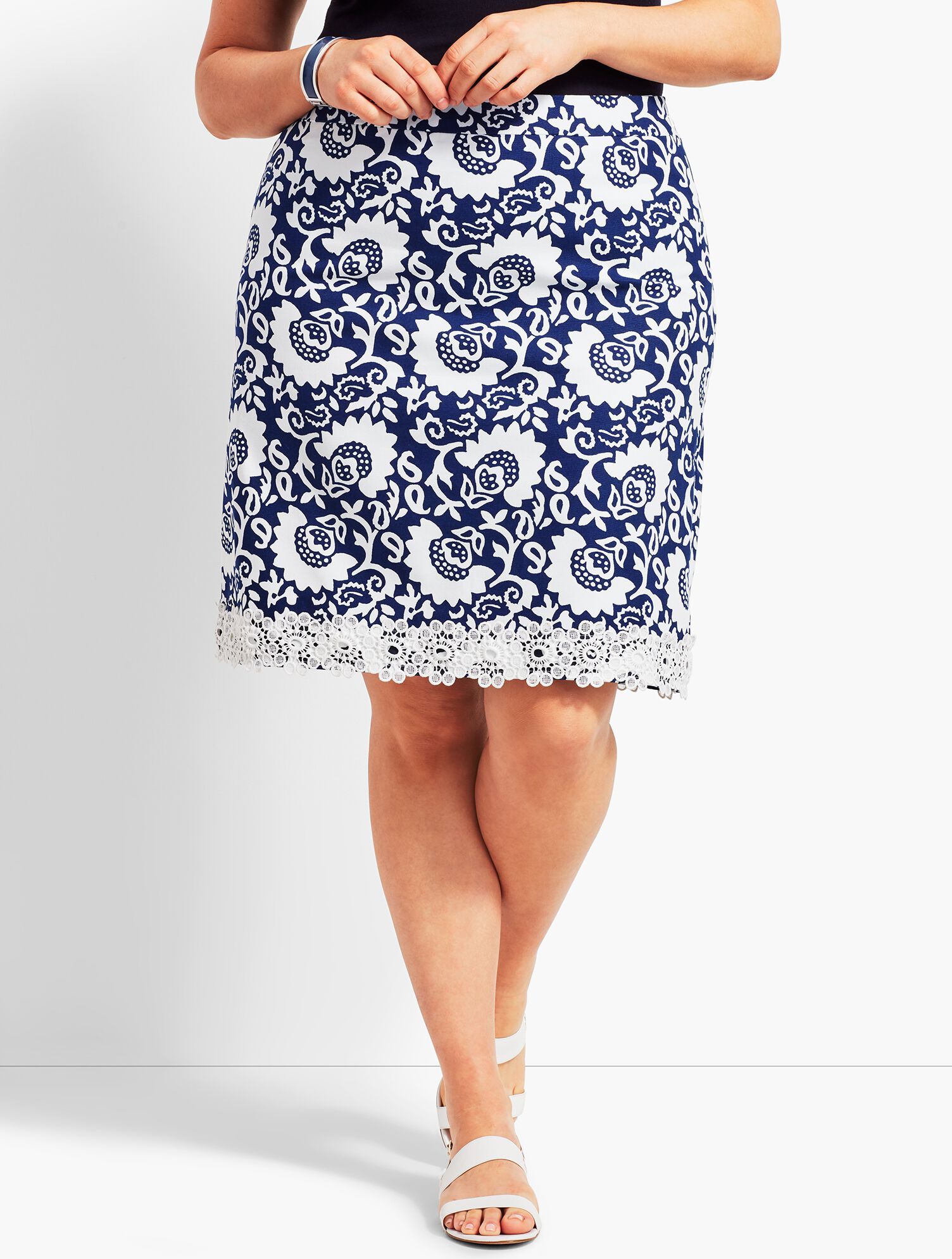 Lace-Trimmed Woodblock Floral Stretch Cotton Canvas Skirt
