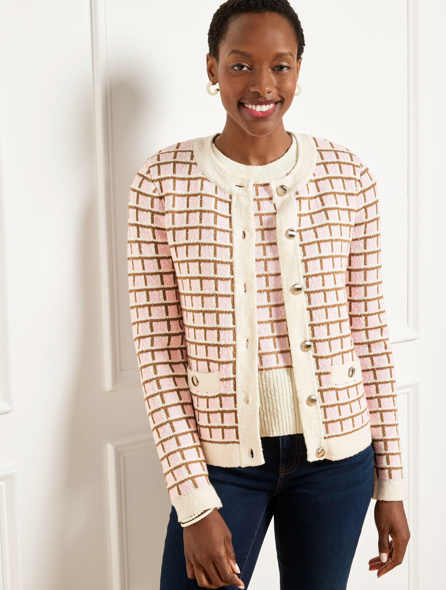 Textured Stitch Crewneck Cardigan - Plaid