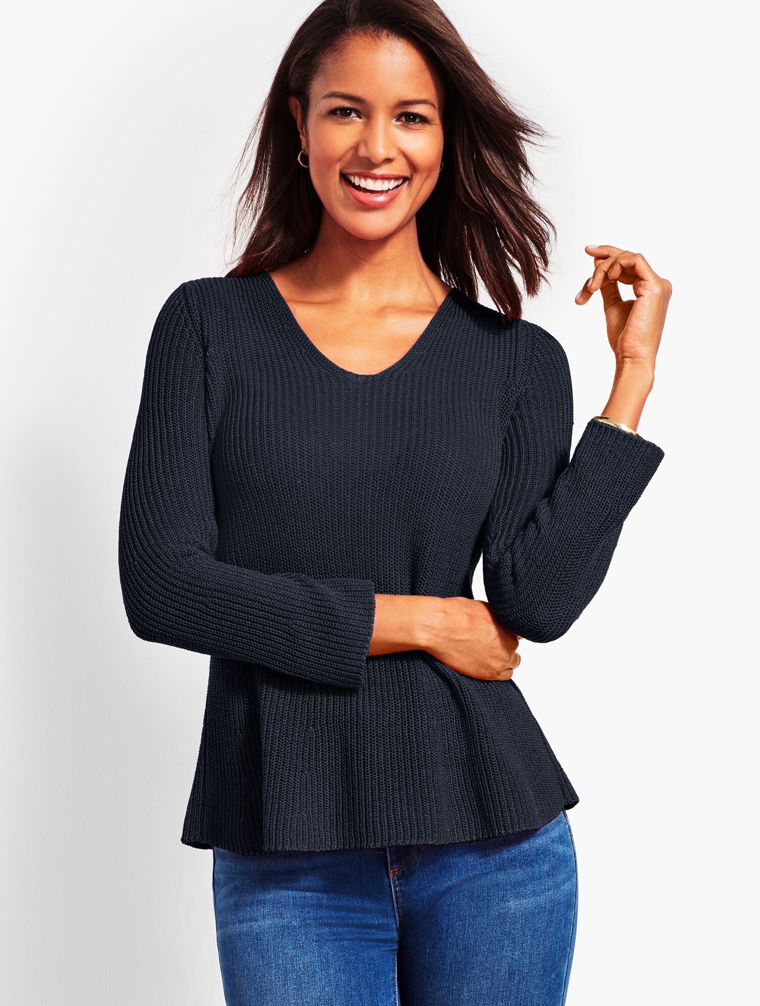 Shaker-Stitch Flounce Sweater