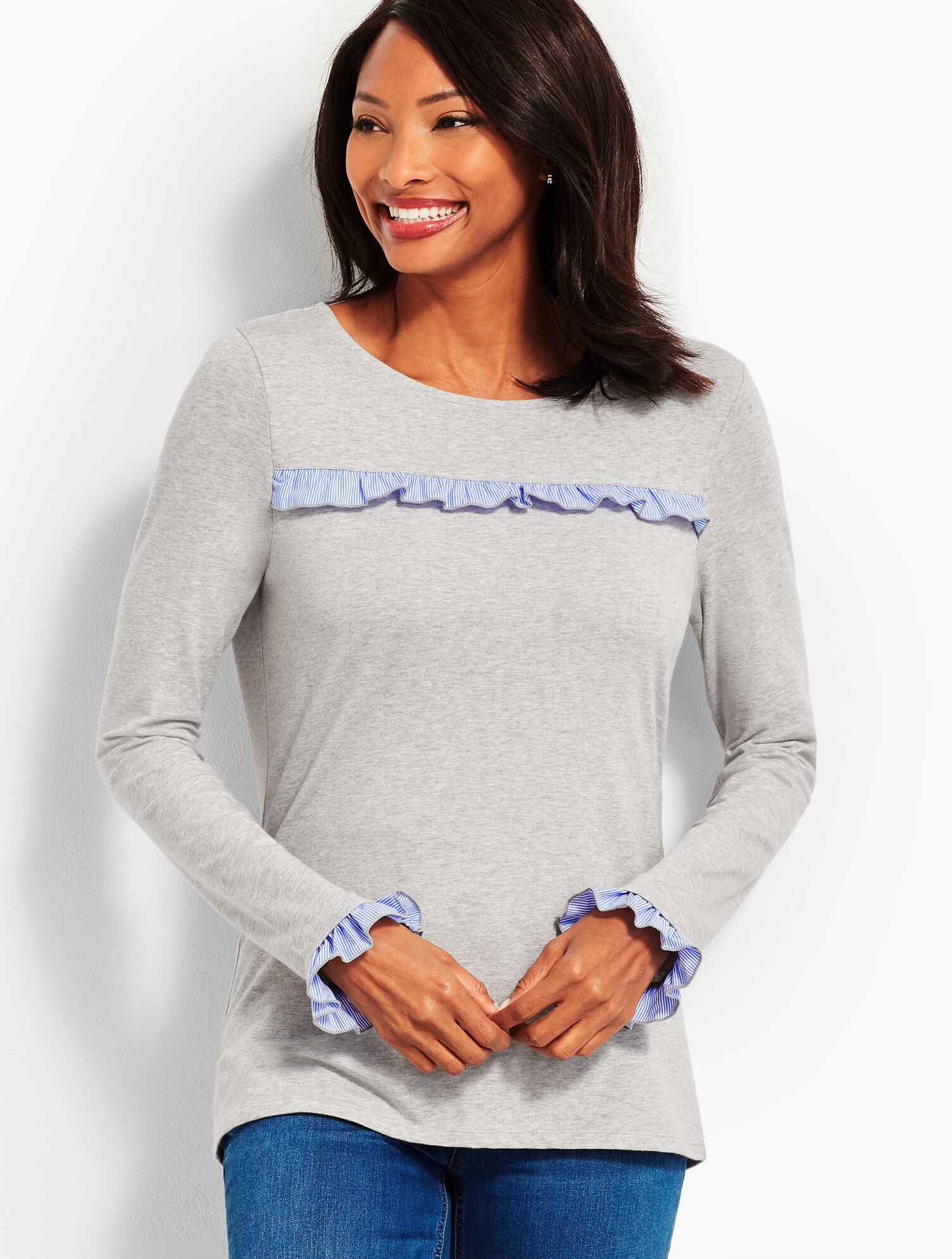 Ruffle-Yoke Crewneck Top