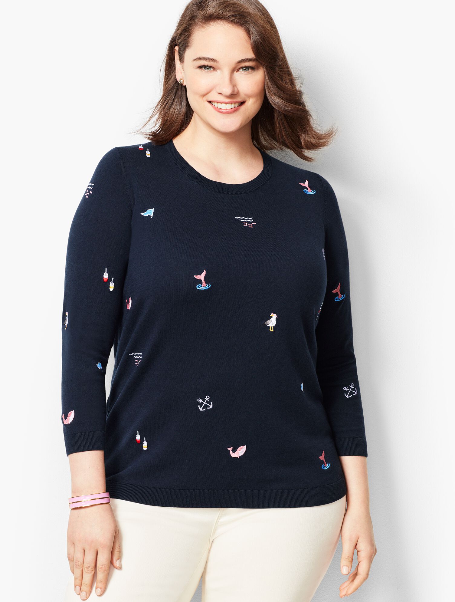 Three-Quarter-Sleeve Nautical Embroidered Sweater