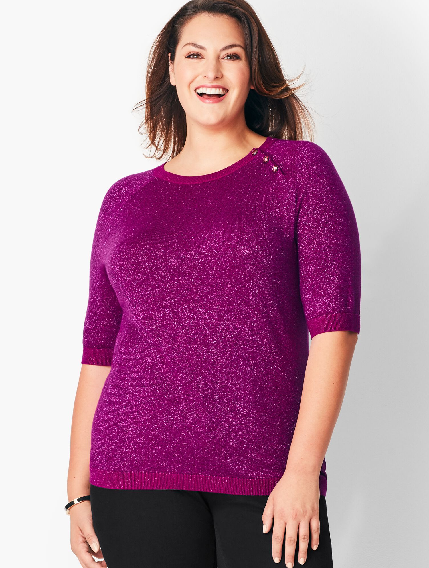 Button-Shoulder Shimmer Top