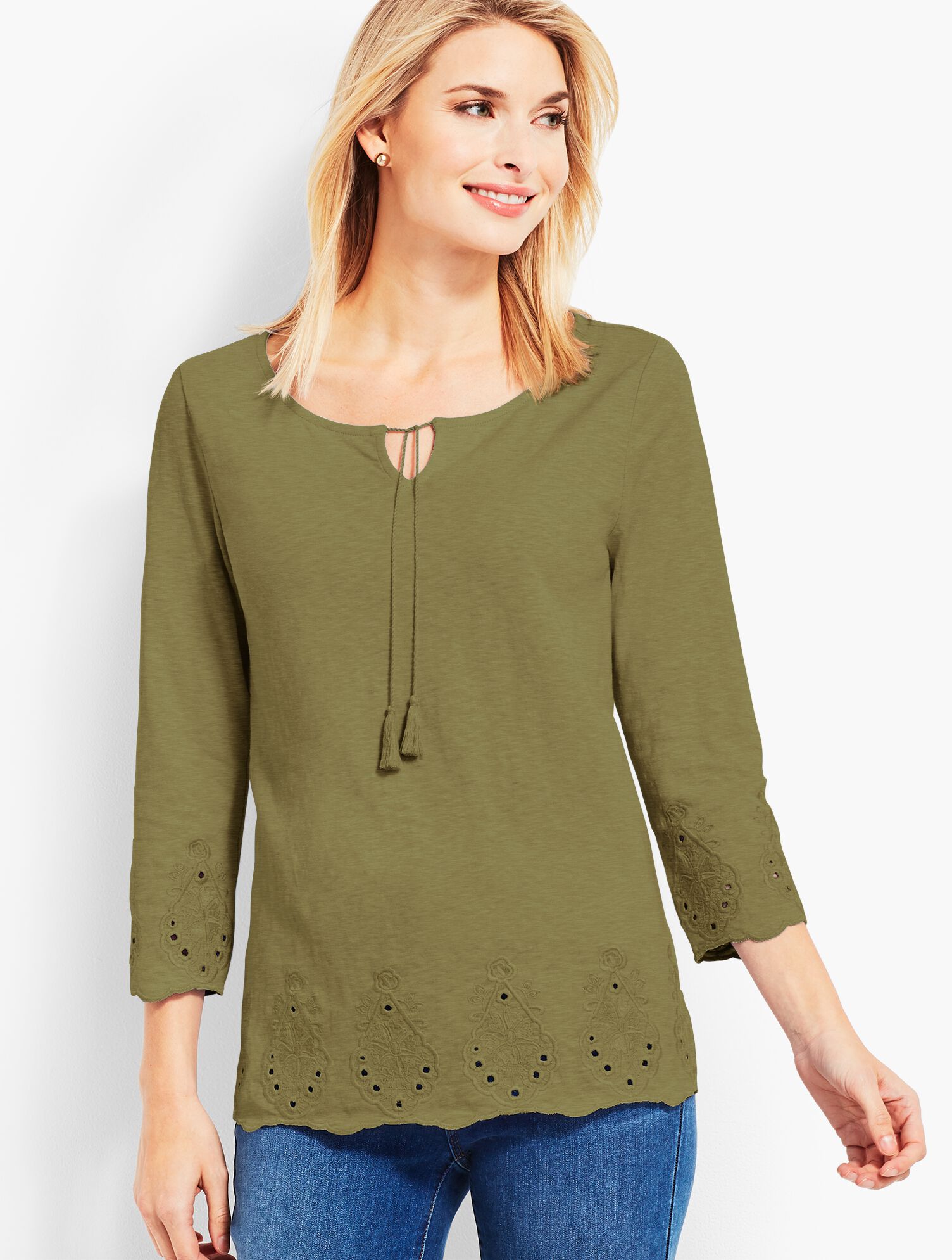 Scallop-Lace Split-Neck Top