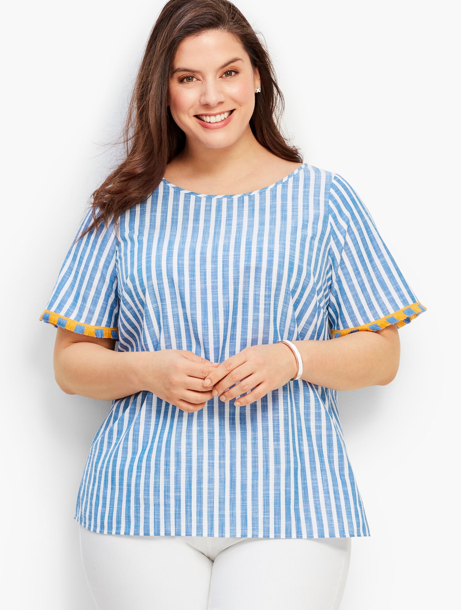 Pacific Stripe Fringe-Sleeve Top