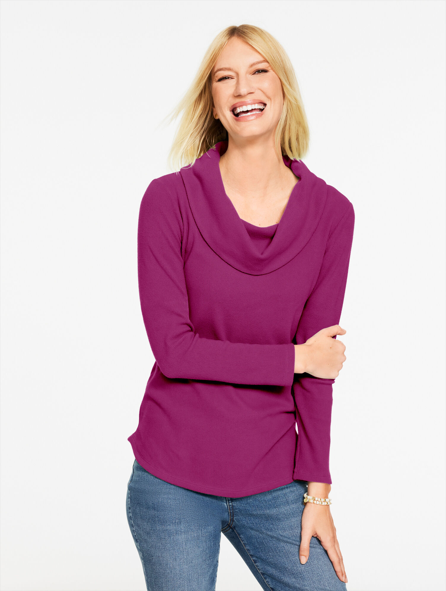 Soft Waffle Knit Cowl-Neck Pullover