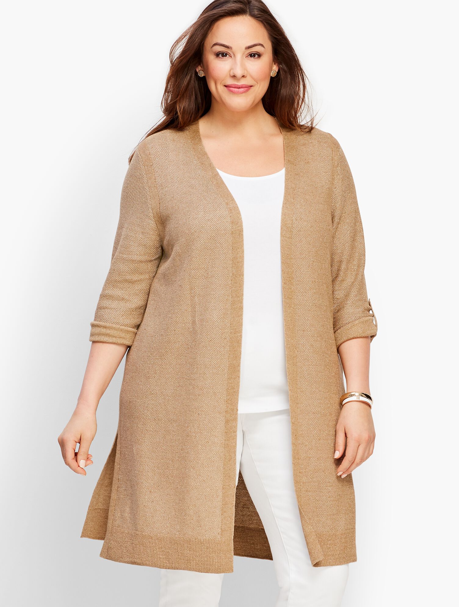 Textured Linen Roll-Tab Long Duster - Metallic
