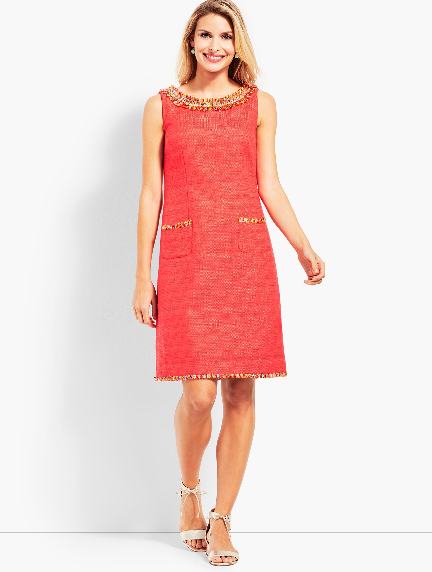Textured Fringe-Neck Shift Dress