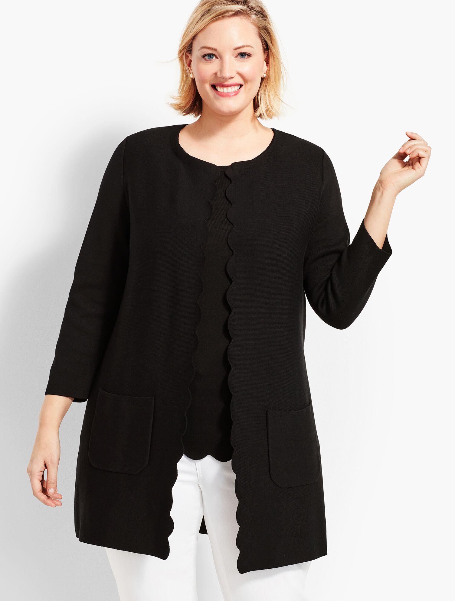Scallop-Edge Open Front Cardigan