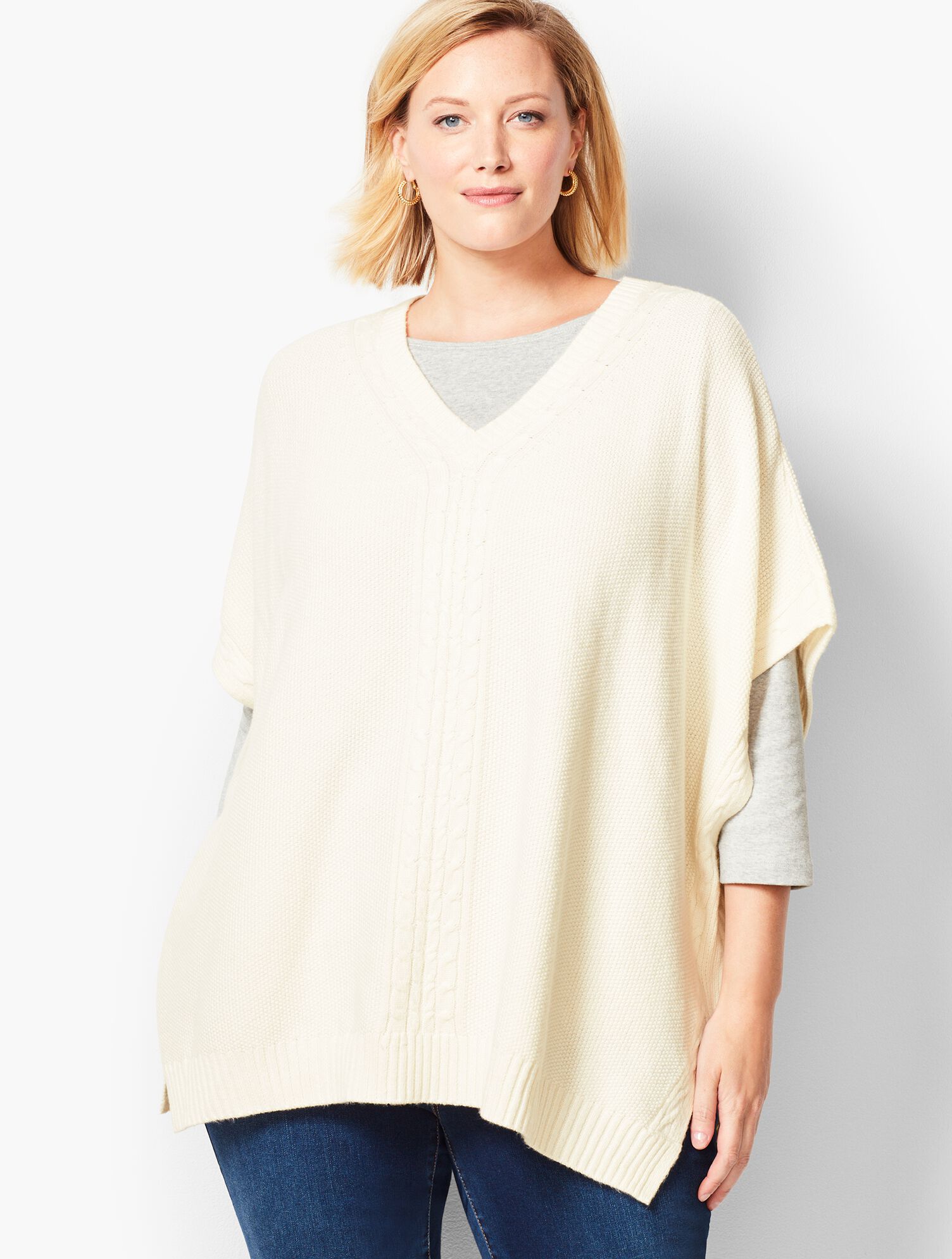 Plus Size V-Neck Seed-Stitched Poncho